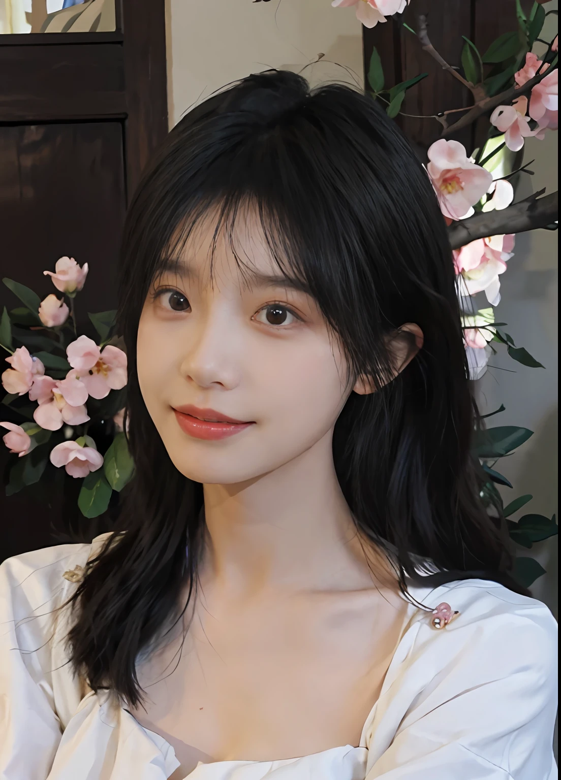 best qualtiy, 超高分辨率, (realisticlying:1.4), one-girl, A pair of clear and moving peach blossom eyes,Royal Sister,(full bodyesbian:1.2)a sense of atmosphere,a beauty girl, ssmile,(huge tit:1.2), looking at viewert, closeup cleavage ,