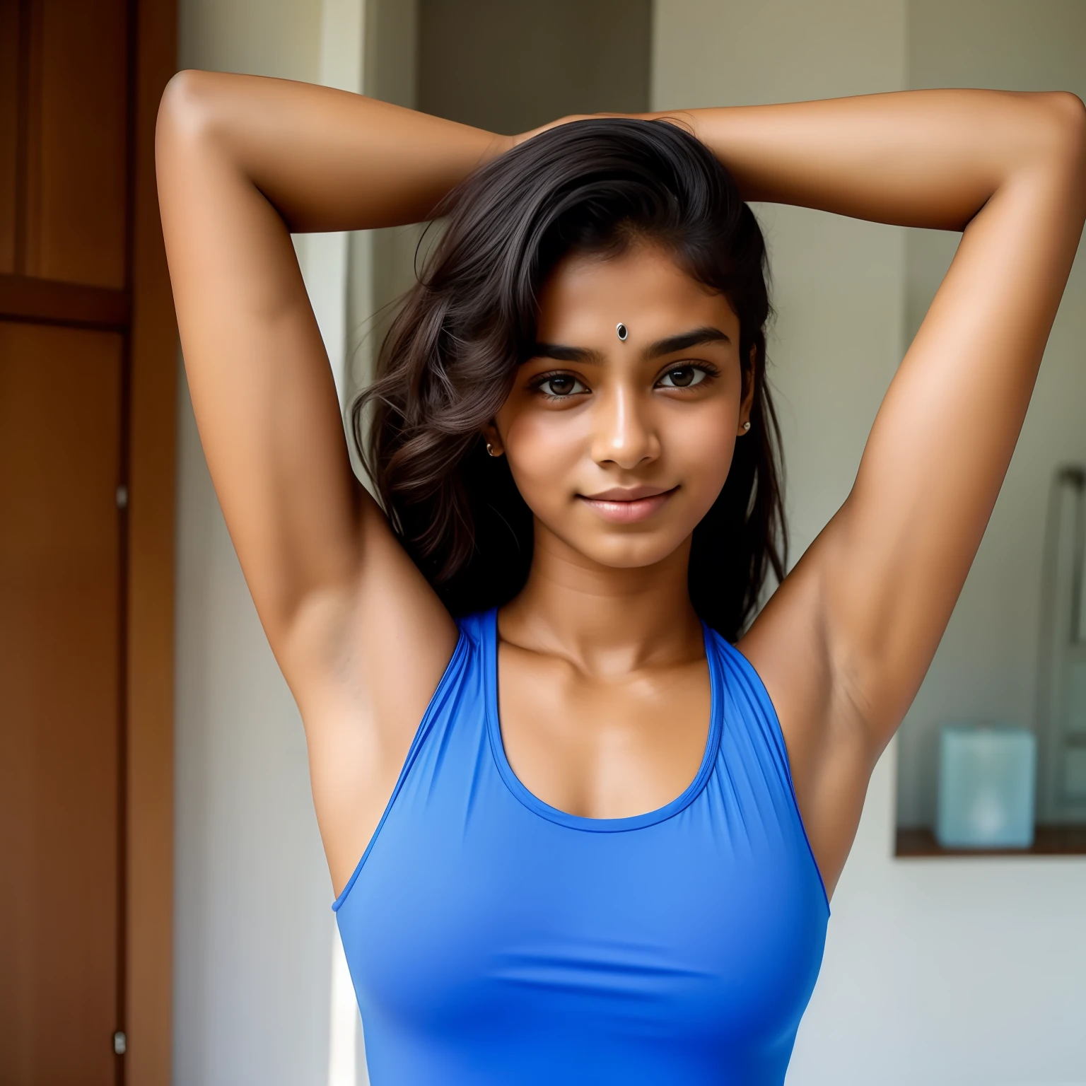 there is a woman that is posing for a picture in a tanktop, armpit, around 19 years old, hairy arms, with arms bare, indian girl with brown skin, with arms up, around 20 yo, she is about 20 years old, she is about 20 years old, she is about 16 years old, sweaty skin!! Sweaty underarms, sweaty armpits! Big Arms, Big Hand, Big Chest with arms up. So hot with arms over head is kinda like stretching