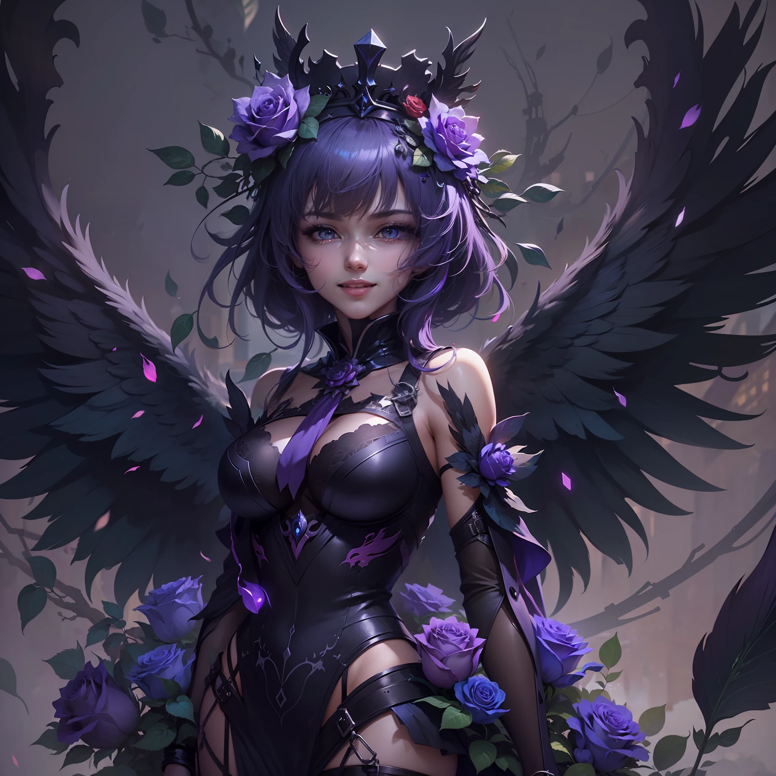 Anime girl with purple roses and crowns, Black wings on the back, and Yang J's cyberpunk art, cgsociety contest winner, gothic art, 8k high quality detailed art, Detail Digital Animation Art, gothic maiden anime girl, 4k detailed digital art, 4k detailed digital art, 2.5 d cgi anime fantasy artwork, Intricate and colorful anime CGI style, s whole body, Detail, Big, Clear eyes, Lovely smile