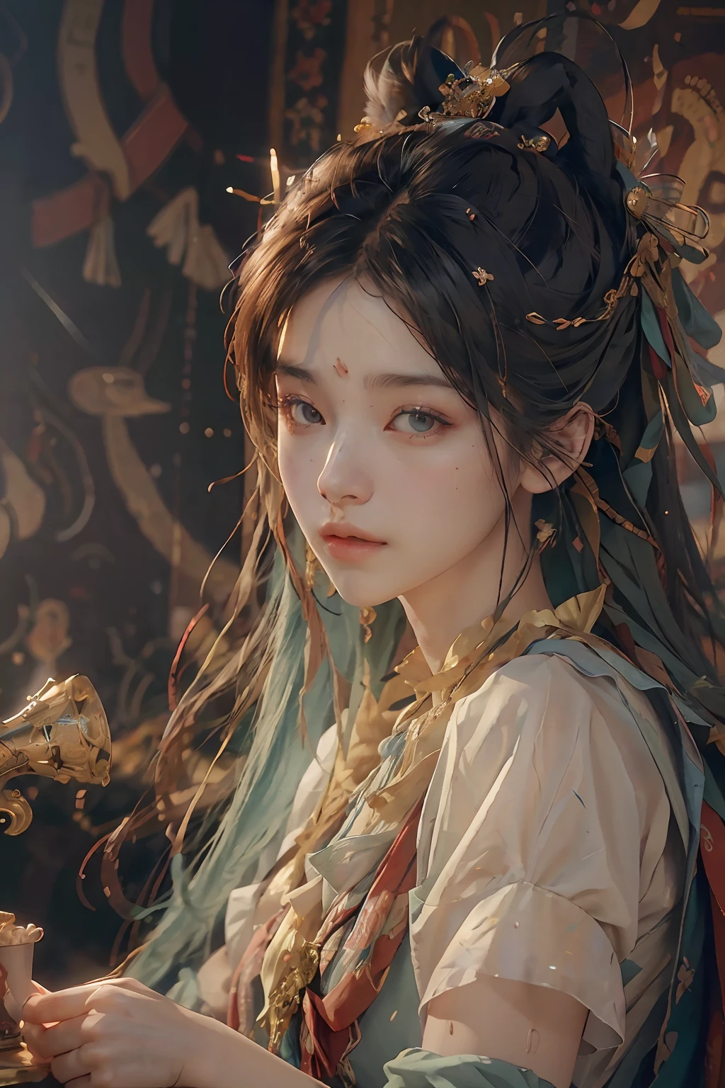 (RAW photo, best quality), (realistic, photo-realistic:1.3),best quality,highly detailed,masterpiece,ultra-detailed,illustration,1girl,upper_body,dynamic angle,world masterpiece theater,messy_long_hair,best quality,extremely detailed CG unity 8k wallpaper,ink,Amazing,cinematic lighting,lens_flare, dunhuang_style