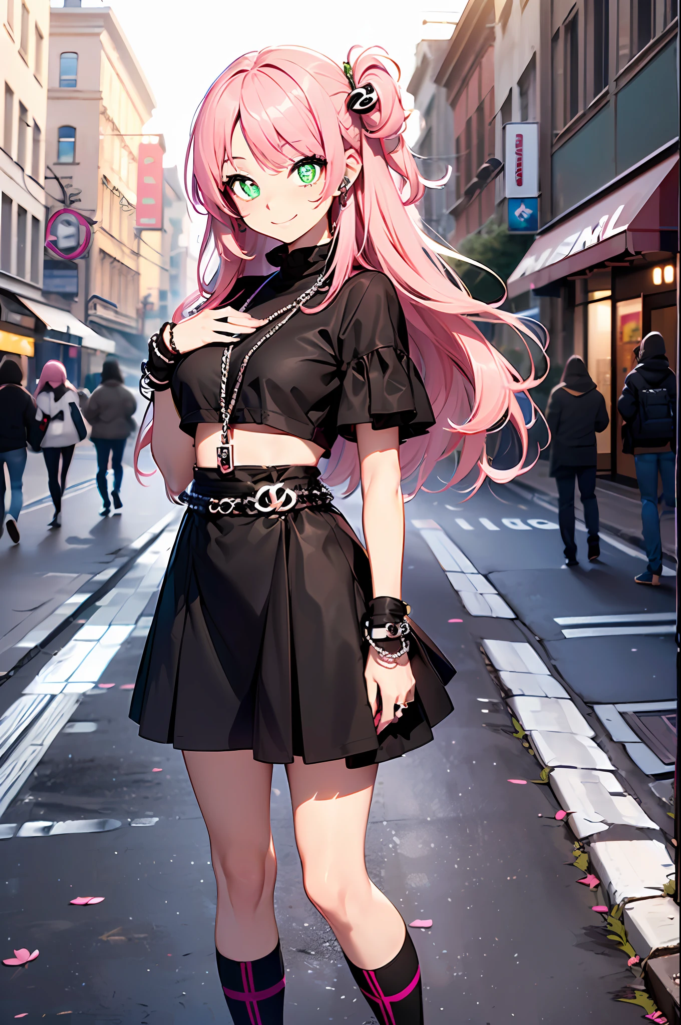 (street snap, Wearing Chanel and looking happy. )(((masutepiece))) fullllbody(1 girl)((Pink hair, Long hair,Straight hair,two side up)) (Green eyes),eyeshadows, eye line,gloweyes, ultradetailed eyes, intricate eyes, Beautiful eyes, ((Glowing pink pupils))a 18 year old girl