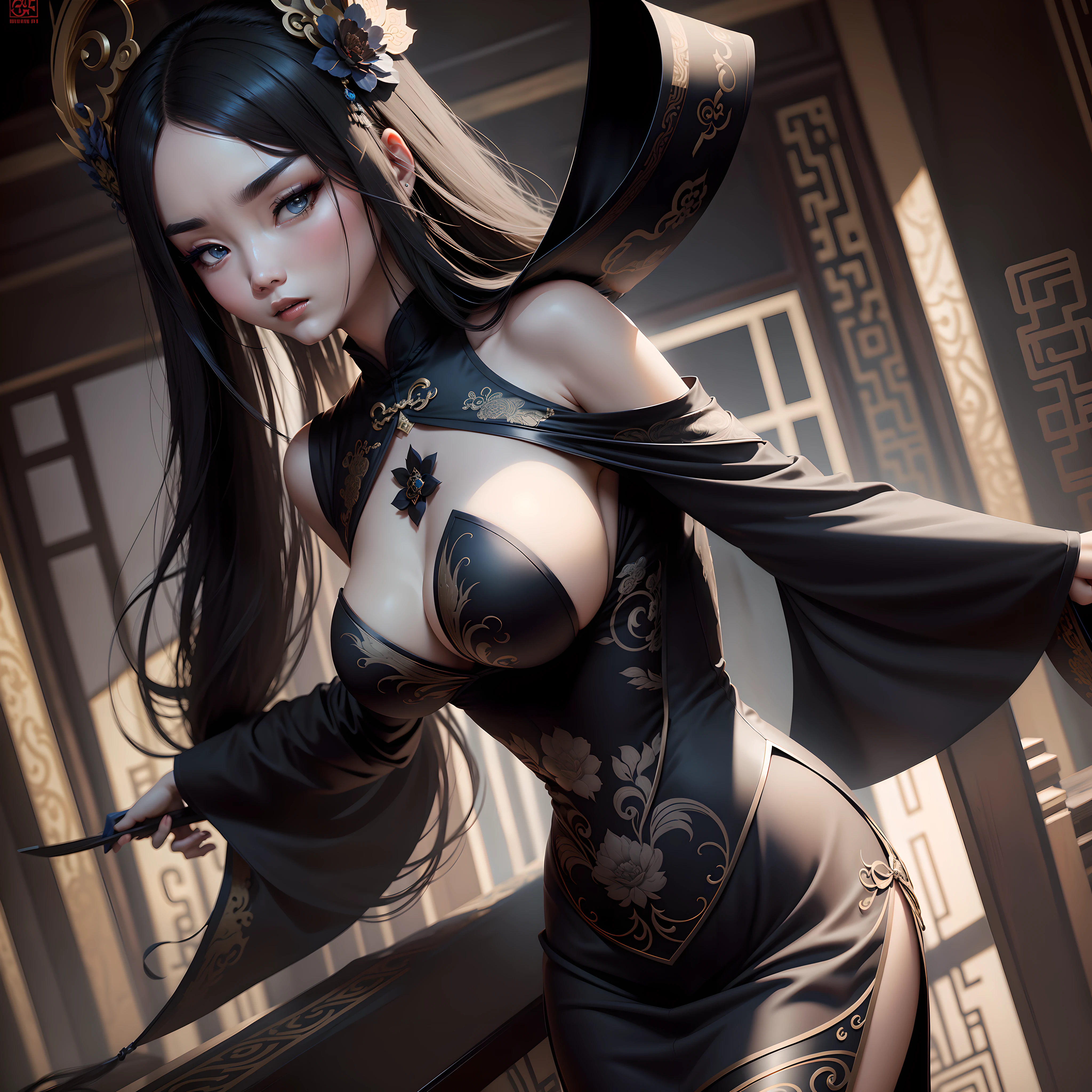 Masks,Black and blue Chinese cheongsam,Raised sexy,The upper part of the body,Need,tmasterpiece,boobgasm,glute,quadratic element,elegant,solo person,long whitr hair