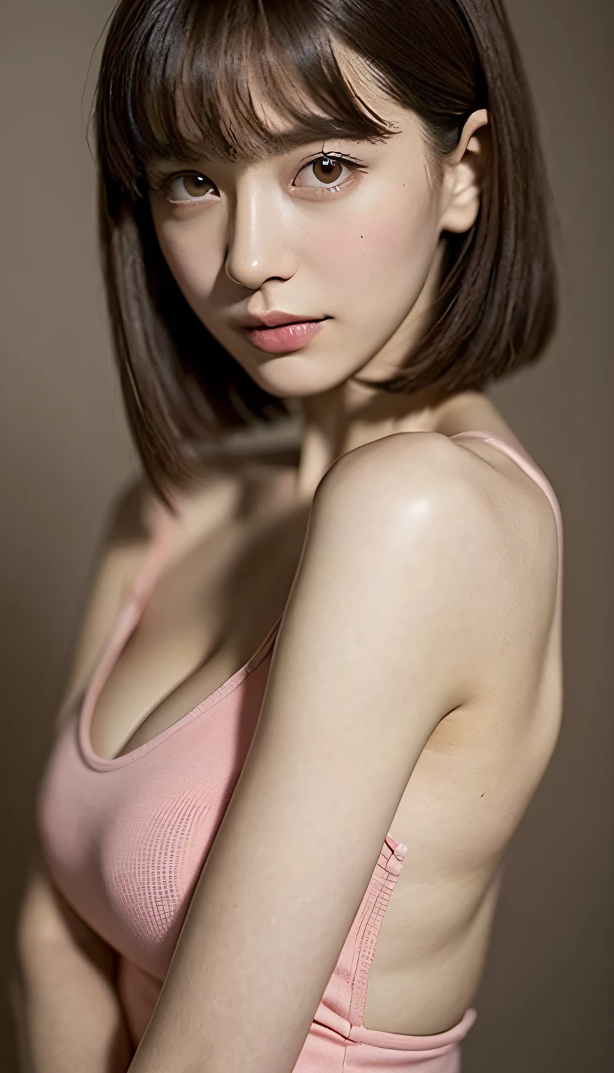 (RAW photo, best quality), (realistic, photo-realistic:1.3), best quality ,masterpiece, an extremely delicate and beautiful, extremely detailed ,CG ,unity ,2k wallpaper, Amazing, finely detail, masterpiece, light smile, best quality, extremely detailed CG unity 8k wallpaper, huge filesize , ultra-detailed, highres, extremely detailed, 1girl, slim body, (pink leotard top:1), (black skirt:1), (airy bangs), (brown hair), looking at viewer, sharp focus, face close-up, nsfw, perfect anatomy, contrapposto, low angle, pureerosface_v1:0.8,