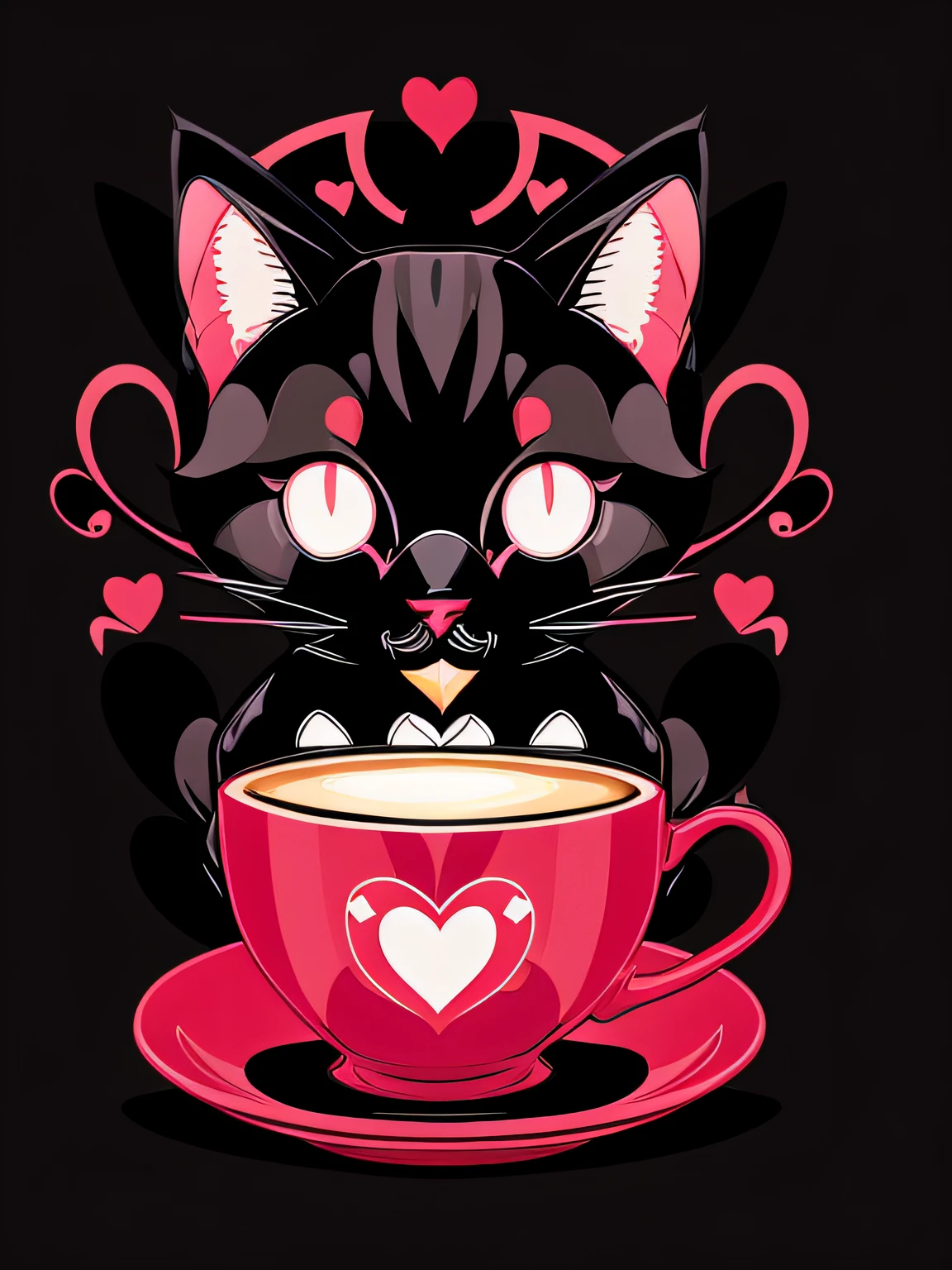 Vector-art cartoon-style of a (cute cat sipping from a cup of coffee: 1.3). Give the cat big round expressive eyes and a smirking smile to convey its delight. The cup can have a friendly and approachable design, with decorative elements like hearts or coffee beans. Add subtle shading and highlights to give the illustration depth and dimension. Use a dark color palette to evoke the cozy feeling of enjoying a cup of coffee, isolated, black background, in the style of 0mib