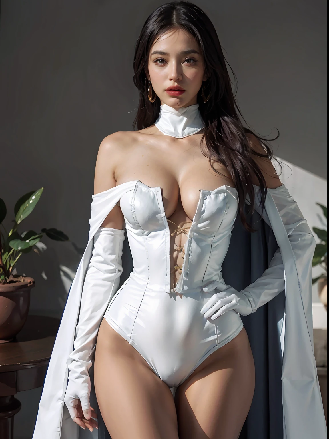 beautiful, (masterpiece: 1.2), (best quality: 1.2), POV, top, face focus, 1girl, mature woman, Emma_Frost, corset, cape, neckline, gloves, thighs, foreshortening, depth, simple gradient background