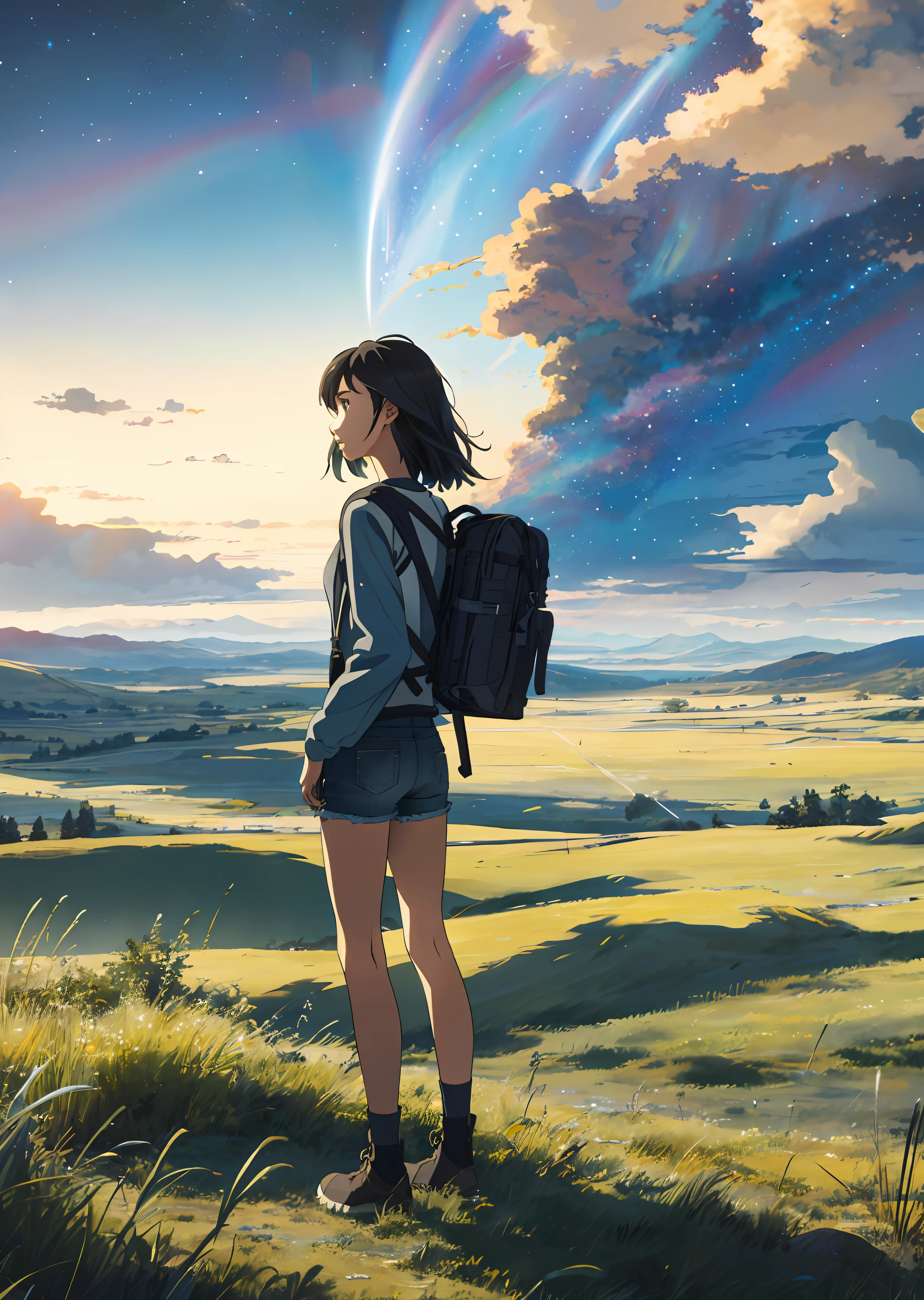 The vast starry sky, the beautiful skyline, the vast grasslands, the extremely tense and dramatic pictures, the moving visual effects, the high-hanging Polaris, and the colorful natural light. A long-sleeved top, denim shorts, and a girl with a backpack.