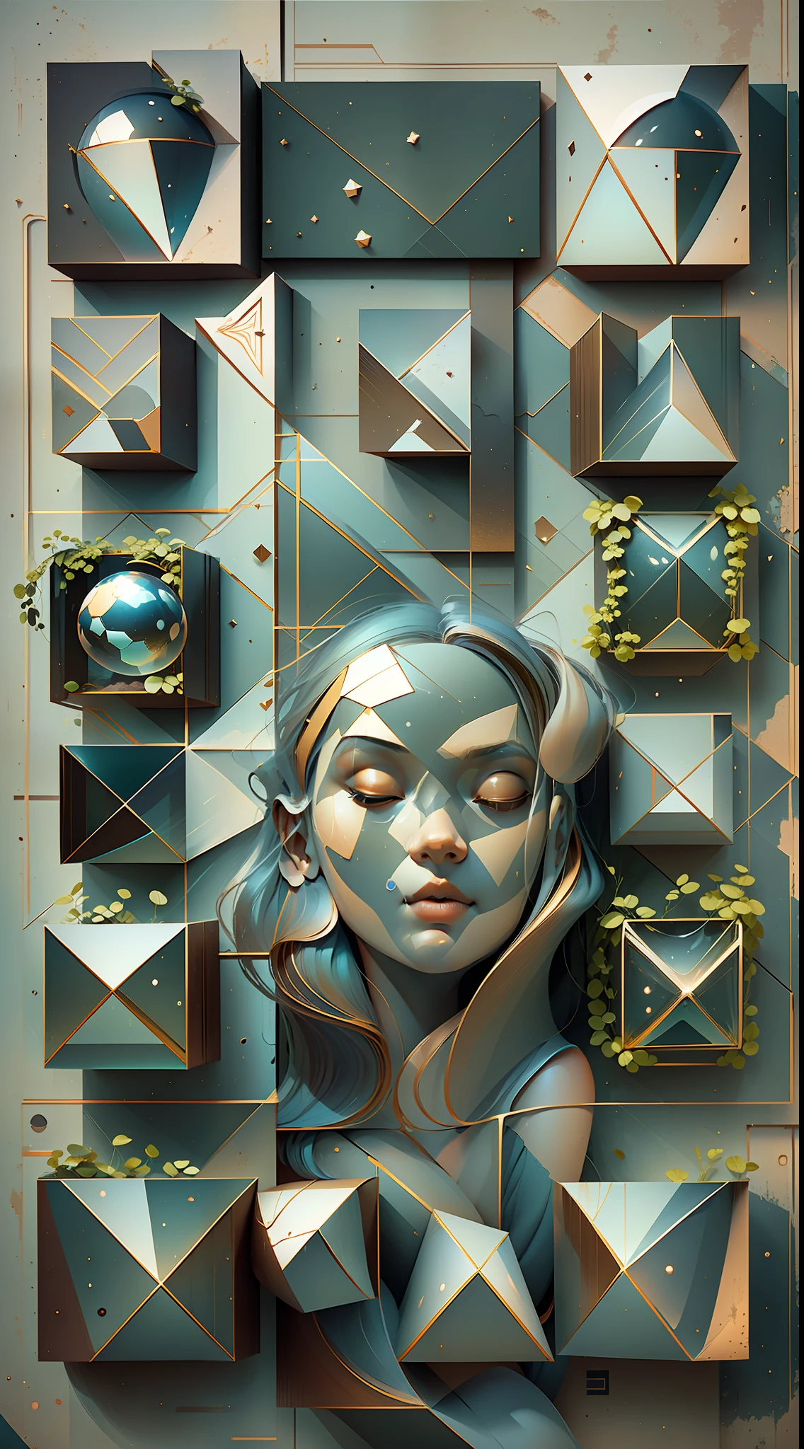 The human head consists of simple geometric shapes，square shapes，round form，spherical body、square shapes，triangles，Triangular body，ruit，planar，closeup cleavage，In fantastic installation style，Realistic and imaginative，hang/hang，Multi-layered collage，metals，highlight，Divergence