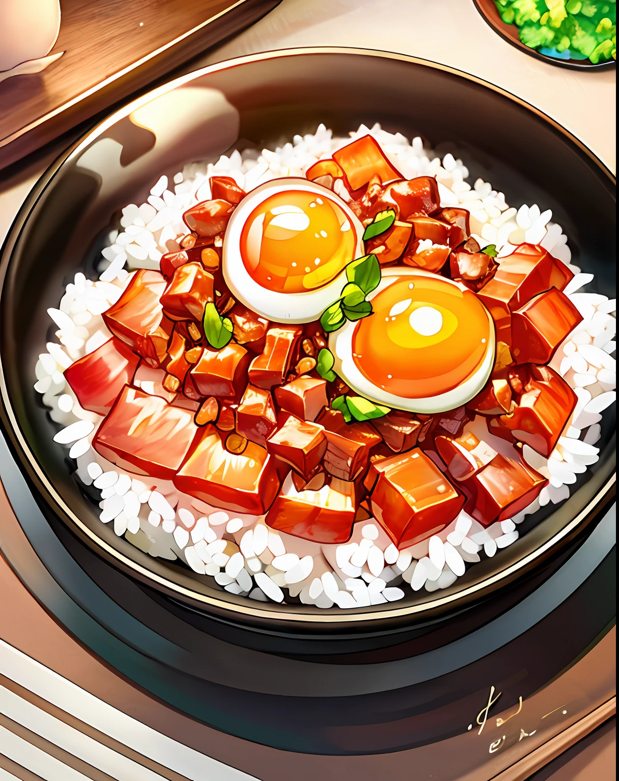 a bowl of braised pork rice, egg, vegetable, ((masterpiece)),illustration,high detail, soft lighting, delicious, colorful, aesthetically pleasing, studio lighting, trending