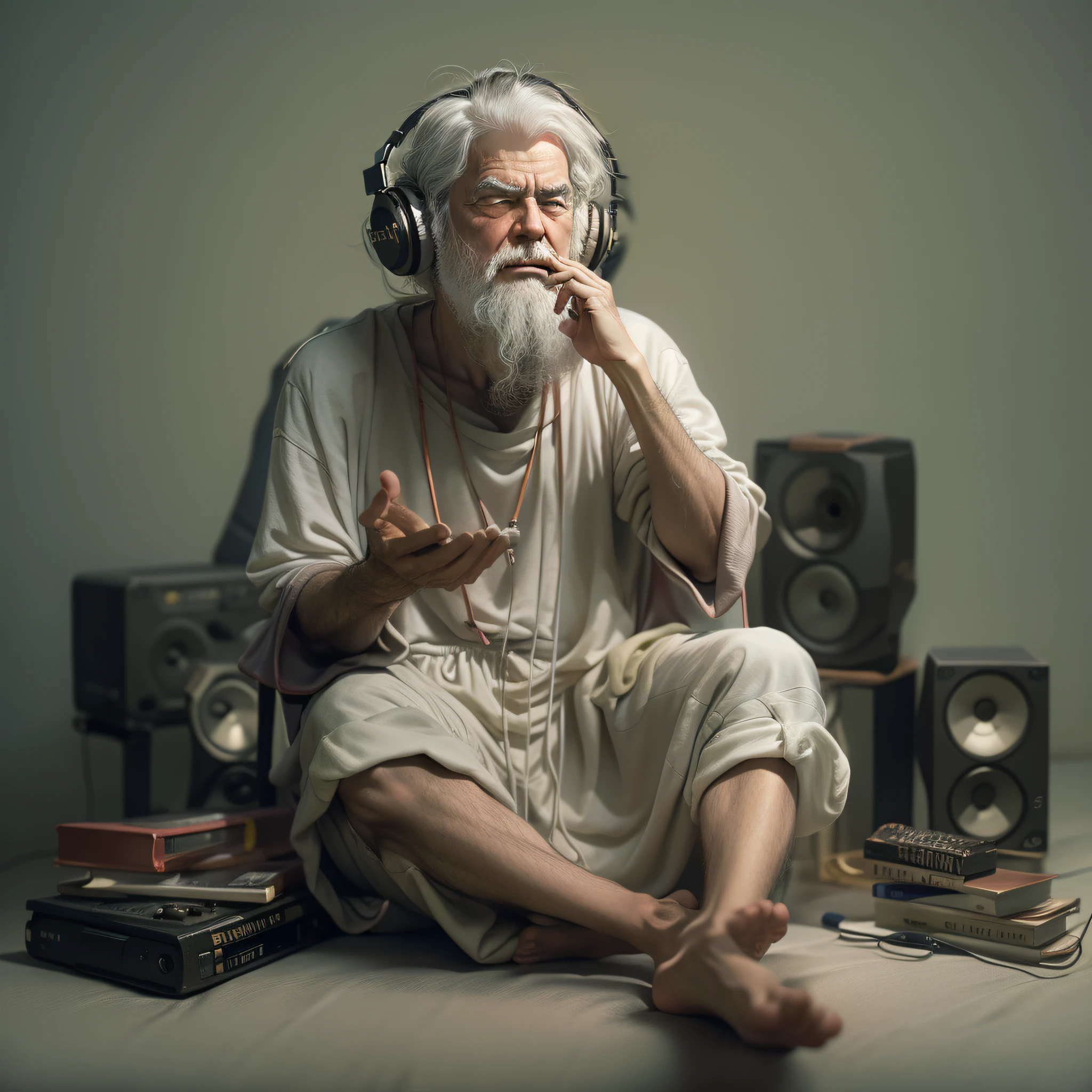 The philosopher Socrates, but he lives today. He is listening to music. Ultra realistic image.