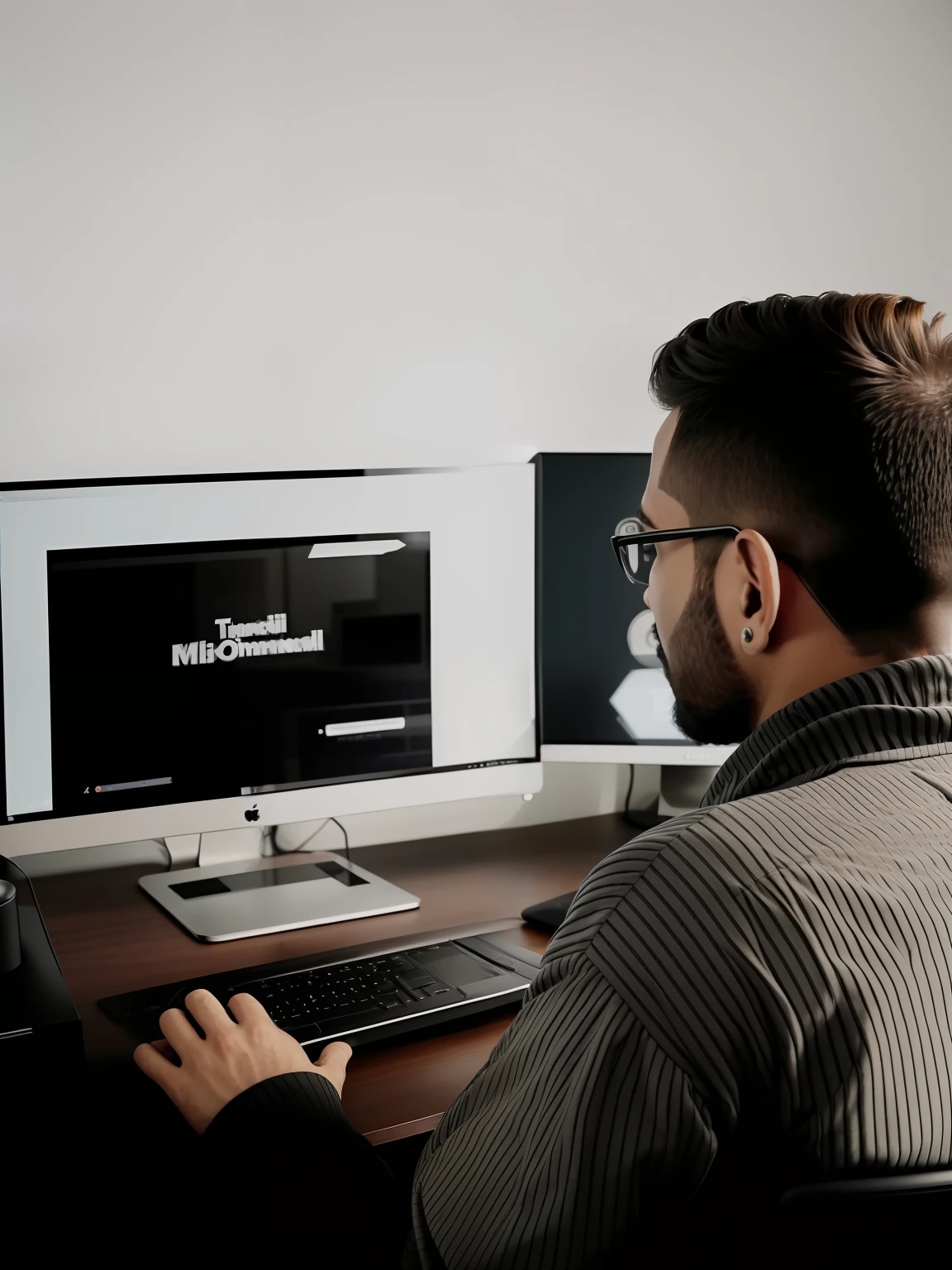 There's a man sitting at a desk with two computer monitors, sentado em um computador, na frente de um computador, sentado em frente ao computador, codificador criativo com um computador, olhando para o monitor, sentado em uma mesa de computador, Trabalhando em um laptop em uma mesa, sentado na mesa no teclado, Usando seu PC desktop