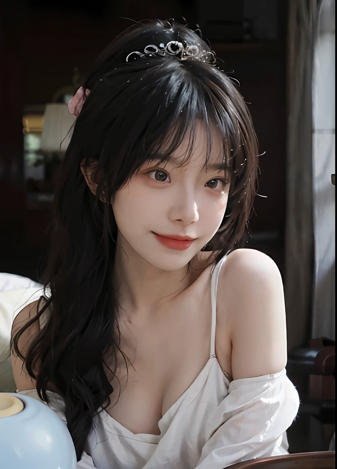 best qualtiy, 超高分辨率, (realisticlying:1.4), one-girl, A pair of clear and moving peach blossom eyes,Royal Sister,(full bodyesbian:1.2)a sense of atmosphere,a beauty girl, ssmile,(huge tit:1.2), looking at viewert, closeup cleavage ,Home