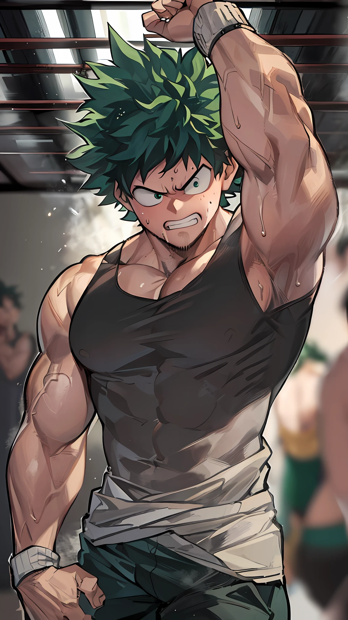 uploaded in e621, ((by Wildering, by Foxovh, by Disney)),horikoshi kouhei, 1boy, absurdres, midoriya izuku, bare shoulders, marked muscles on black tank top, green hair, green eyes, eyebrows, freckles, furrowed brow, blurry, blurry background, boku no hero academia, curly hair, highres, looking away, male focus, muscular, muscular male, open mouth, red eyes, short hair, spiked hair, sweat, tank top, wiping sweat,BREAK, ((in a gym flexing your muscles)), (cinematic lighting), ((detailed background)), ((depth of field)), (half-length shadow), (((looking in the mirror, while his reflection shows Midoriya Izuku flexing his muscles))), (high-angle view), ((three-quarter view)), [backlight], [detailed ambient light], [gray natural lighting], [ambient light on the belly], [realistic proportions with muscle hypertrophy], [explicit content, adult, NSFW], [sharp focus], (questionable content), (shaded), (high resolution), ((masterpiece)) Muscular big body, imposing body, imposing appearance, muscular arms, muscular legs, bara body, trapezoid torso, beefy body, muscular body, defined round beefy pectorals, defined washboard abs,defined arms, defined legs