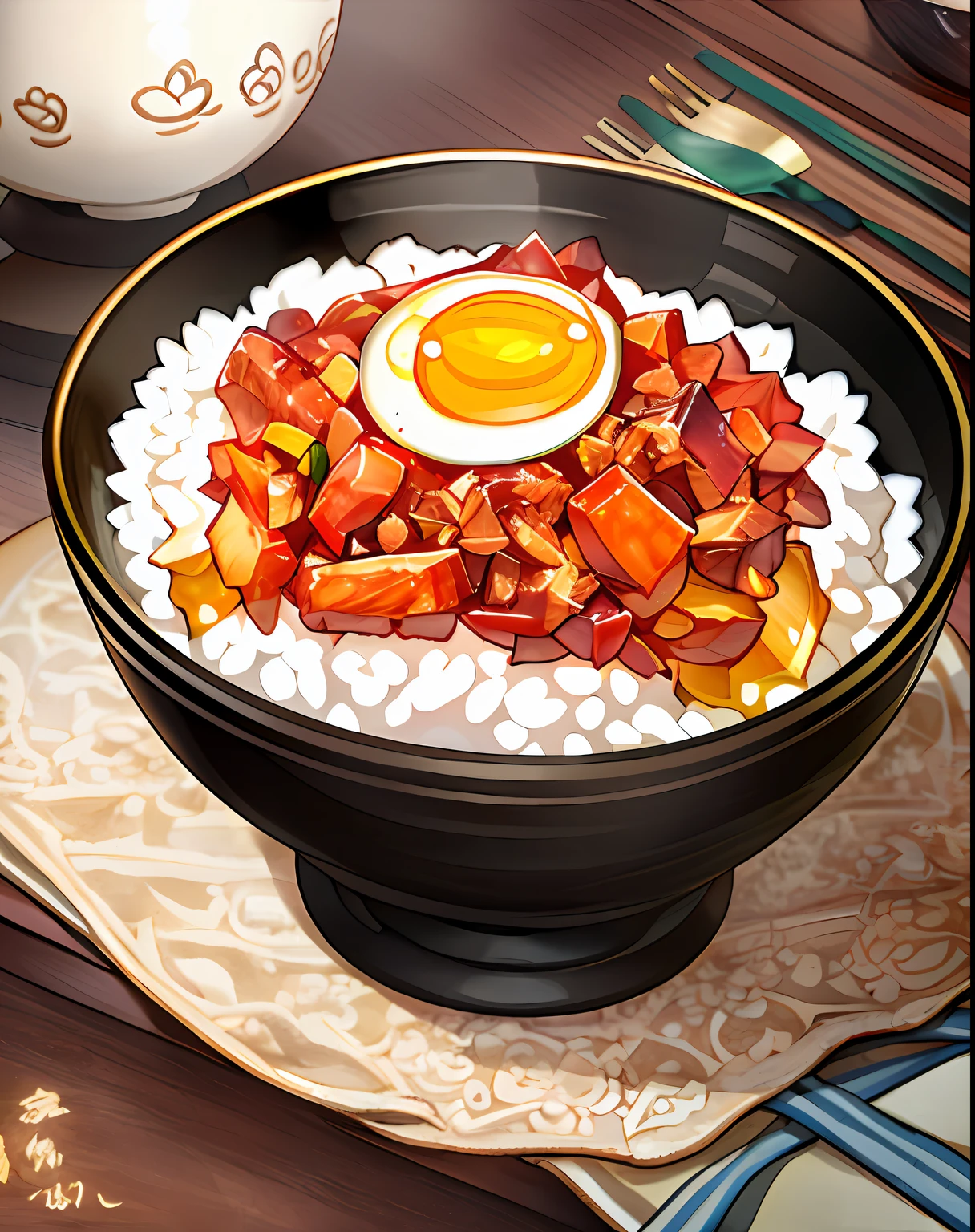 a bowl of braised pork rice, egg, vegetable, ((masterpiece)),illustration,high detail, soft lighting, delicious, colorful, aesthetically pleasing, studio lighting, trending