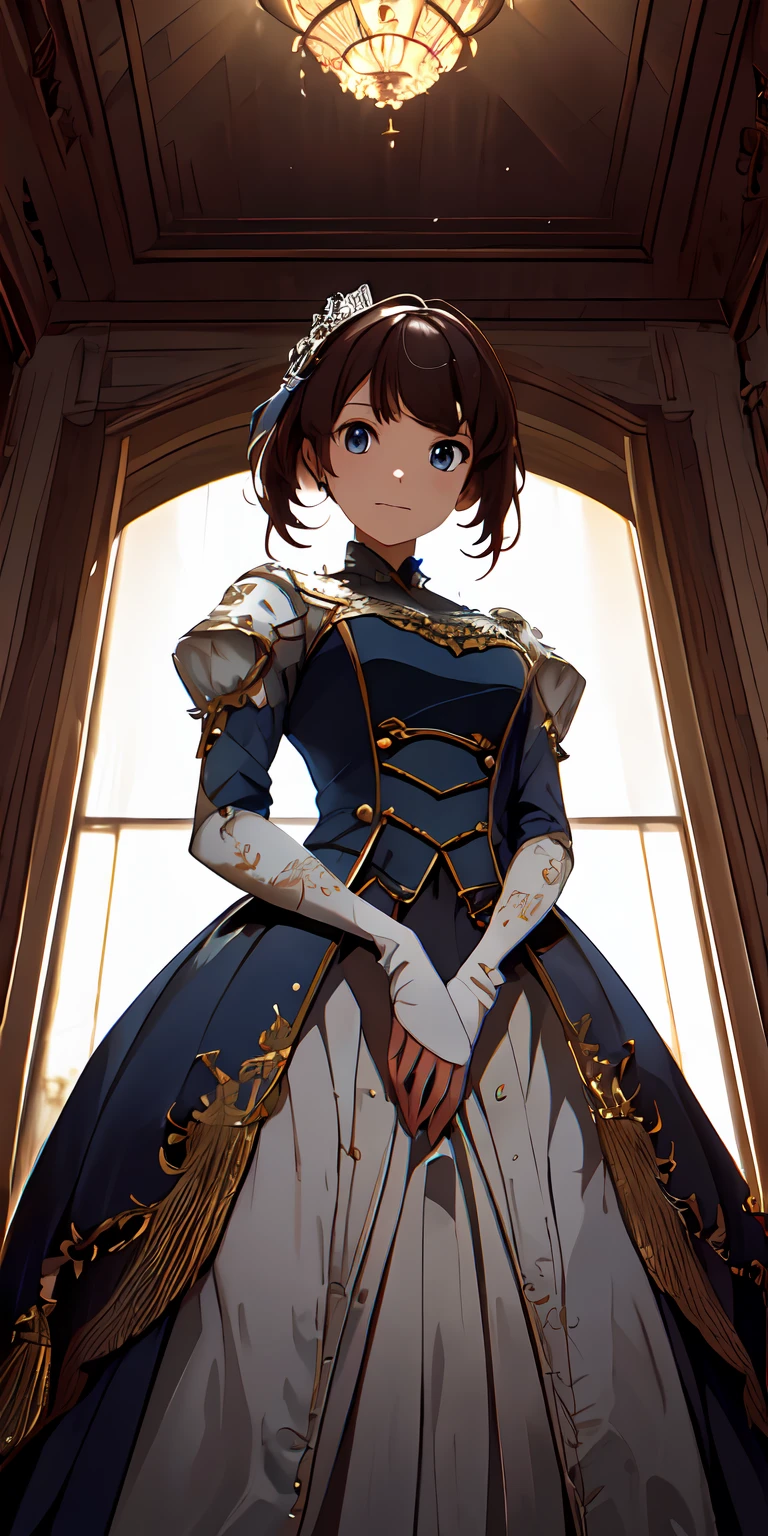 inside castle， A high resolution, (巨作:1.4), A highly detailed, 1girll, From below, space,are standing, aristocratic clothes, Sharp focus, (Cinematic lighting), (1girll), Slight smile，The 5 fingers of each hand are super detailed，top-quality，Natural light，Extremely delicate，offcial art，posing on a，