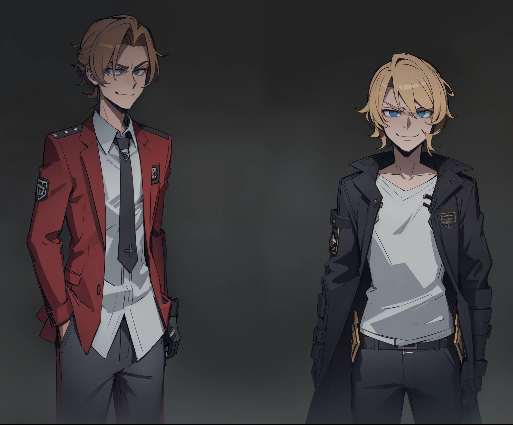 gs2, badass, antagonist, brown hair, blonde hair, 2boy, smug, smile, gear, shoulder, jacket, suit