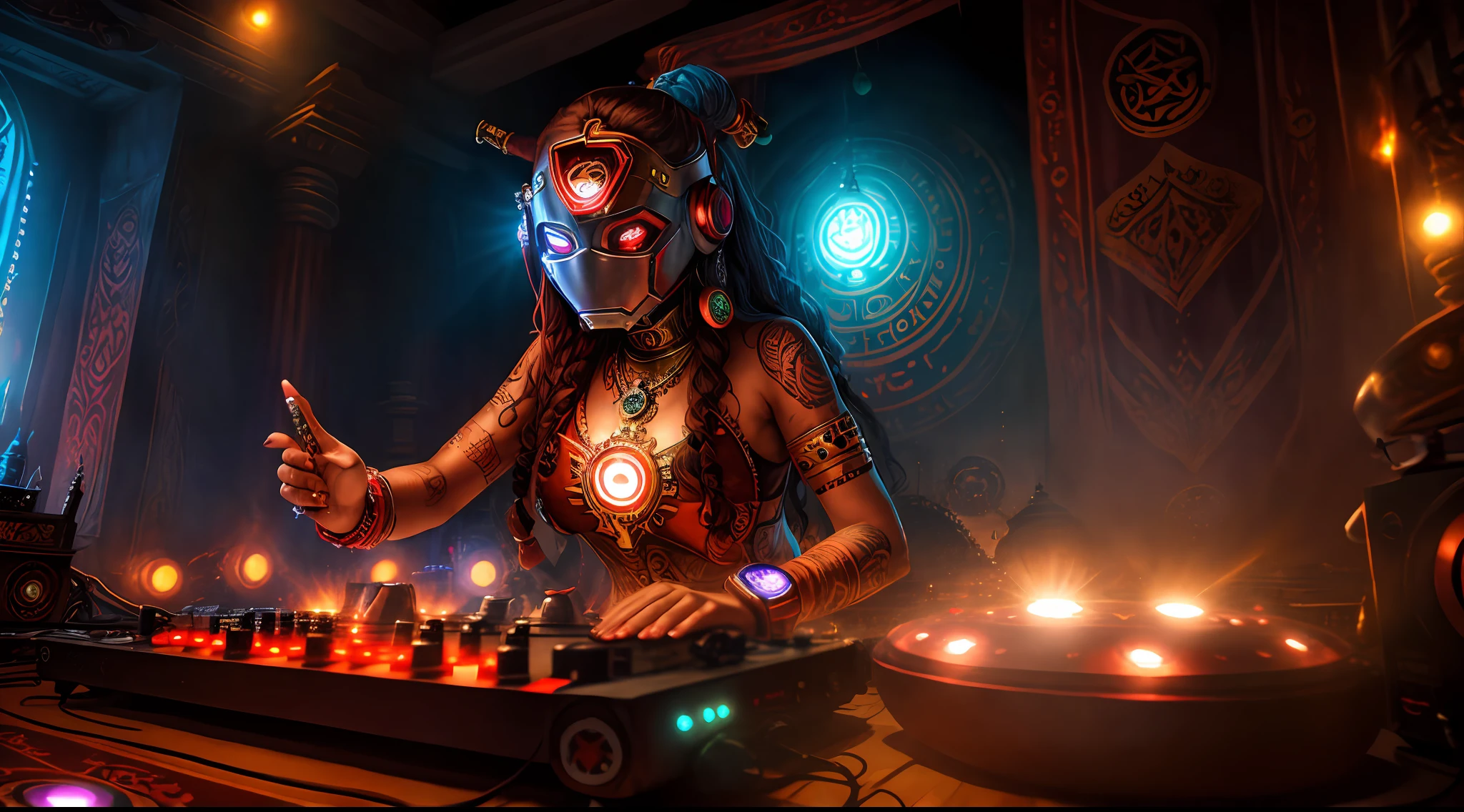 Tantric priestess with tattoos and percings and an ironman mask mixing music on a DJ turntable at a Hindu temple Ultra-realistic photo -- --auto