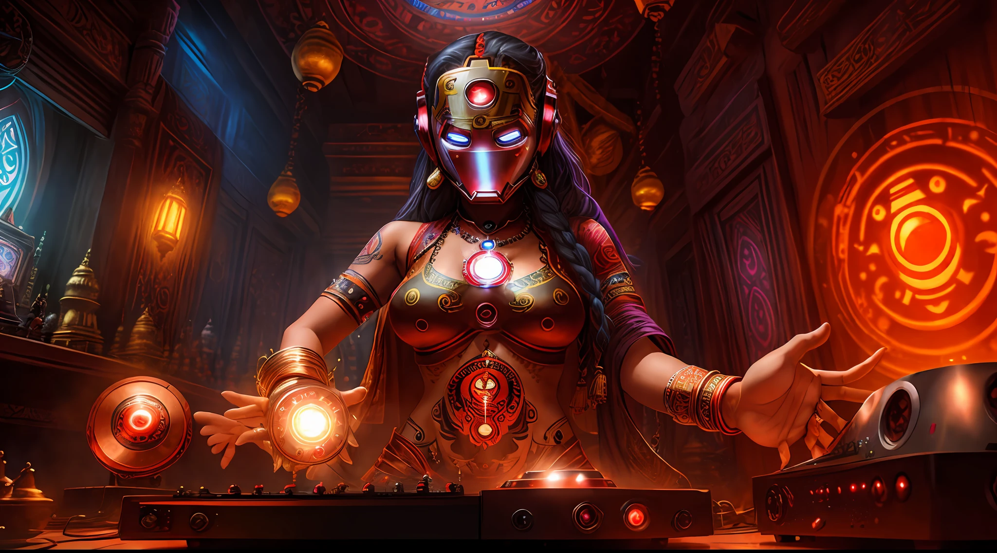 Tantric priestess with tattoos and percings and an ironman mask mixing music on a DJ turntable at a Hindu temple Ultra-realistic photo -- --auto
