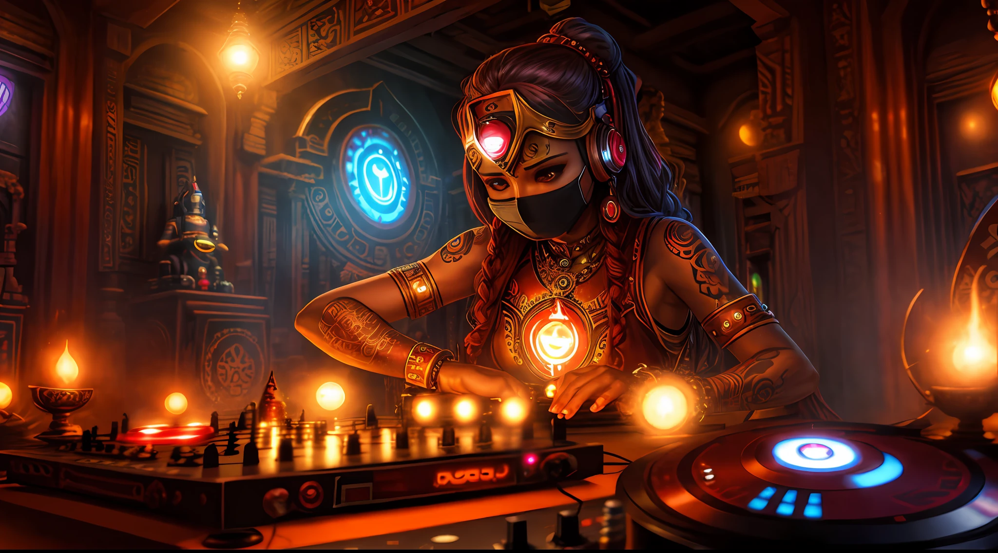 Tantric priestess with tattoos and percings and an ironman mask mixing music on a DJ turntable at a Hindu temple Ultra-realistic photo -- --auto