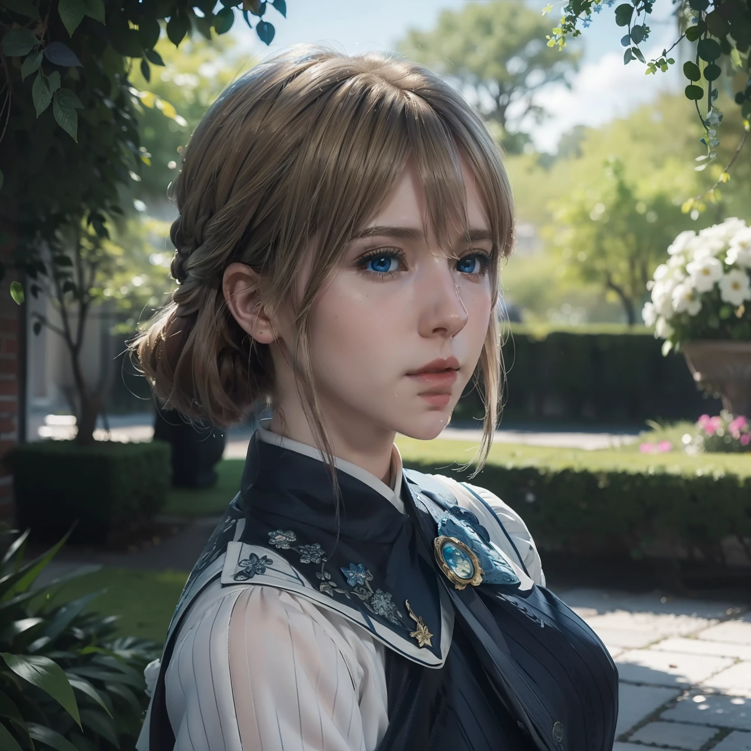 violet_evergarden, blue_eyes, blonde hair, (realism:1.2), (masterpiece:1.2), (best quality), (ultra detailed), (8k, intricate), (85mm), light particles, lighting, (highly detailed:1.2), (gradients), colorful, daylight,