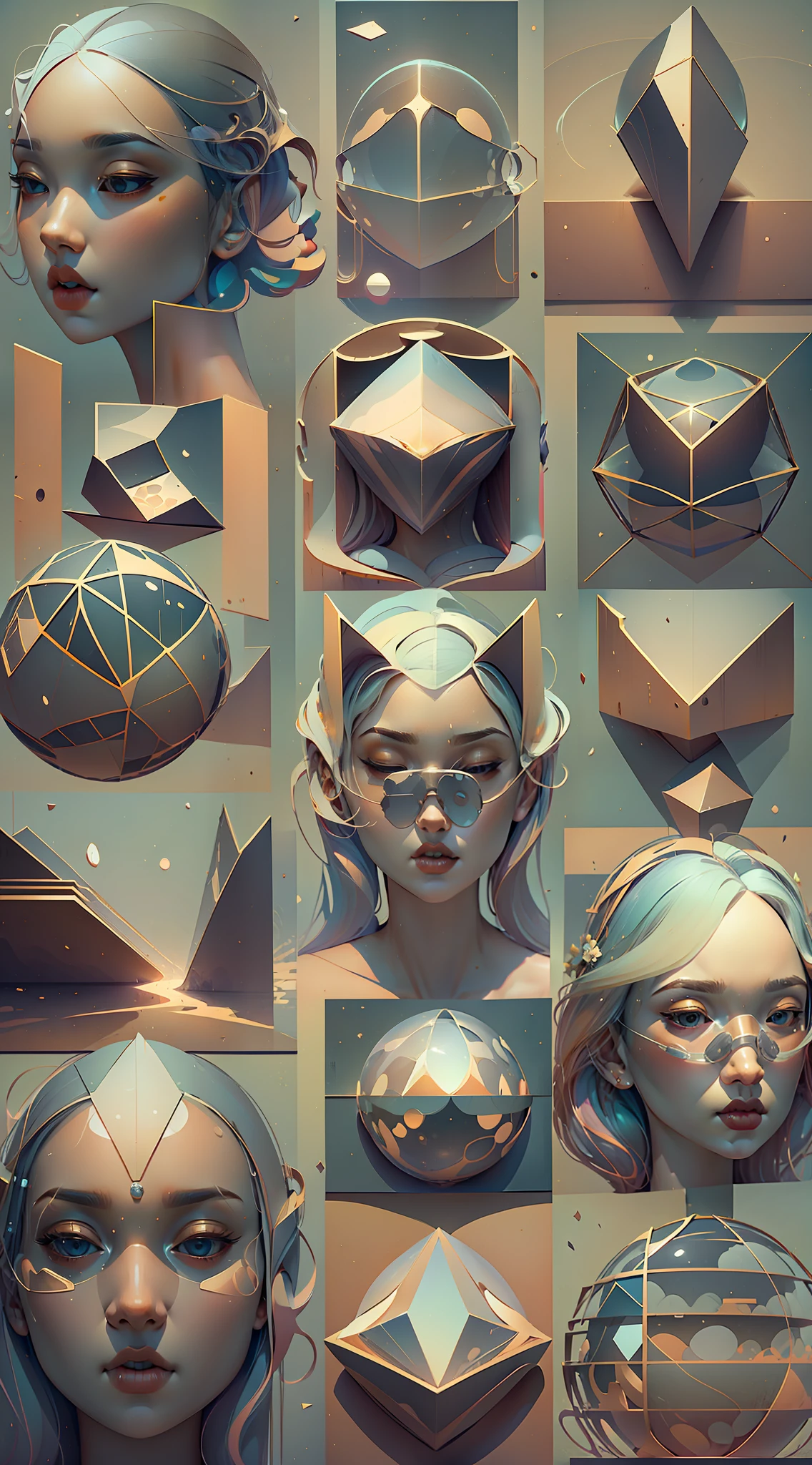 The human head consists of simple geometric shapes，square shapes，round form，spherical body、square shapes，Graphic illustration，closeup cleavage，Fantastic installation style，Realistic and imaginative，pegging/pegging，Multi-layer collage，metals，Highlight，divergence