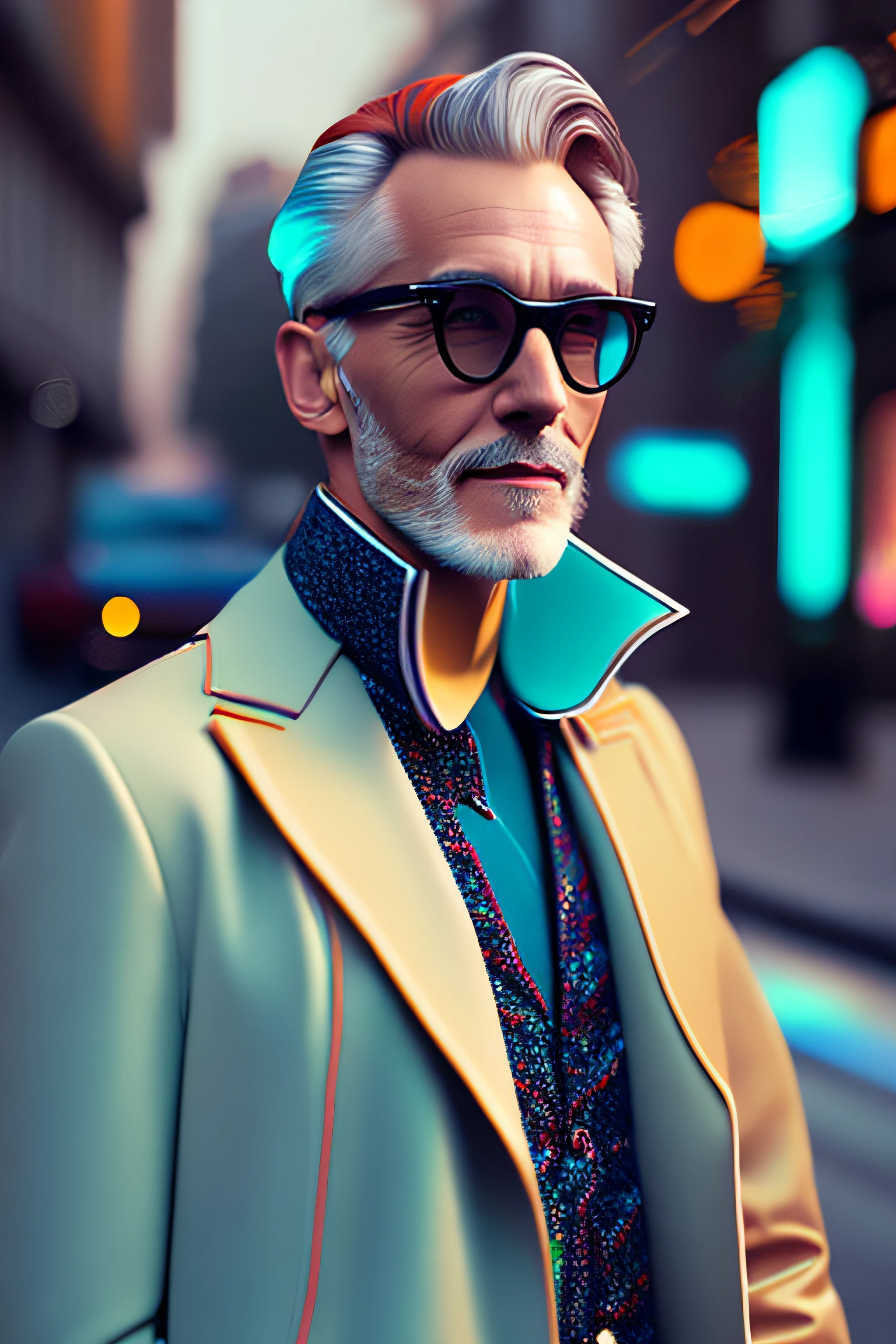 (fashionista portrait old european man, 1950s with intricate colorful modern bright colored glasses), c0lorful cute hair, smiling expression, (extremely detailed digital photography: 1.2), standing in the middle of the city, ((((full body)))), raw image,, Hasselblad, 50asa, f8, 12mm, glow effects, godrays, hand drawn, render, 8k, octane render, cinema 4d, blender, dark, atmospheric 4k ultra detailed, cinematic sensual, sharp focus, humorous illustration, great depth of field, masterpiece, colors, 3d octane rendering, 4k, concept art, trend in artstation, hyperrealistic, vivid colors, rim light, extremely detailed CG 8k wallpaper unit, trend in ArtStation, trend in CGSociety, Pop Art style by Erik Madigan Heck, Intricate, High Detail, dramatic, pure energy, Light particles, Sci-Fi