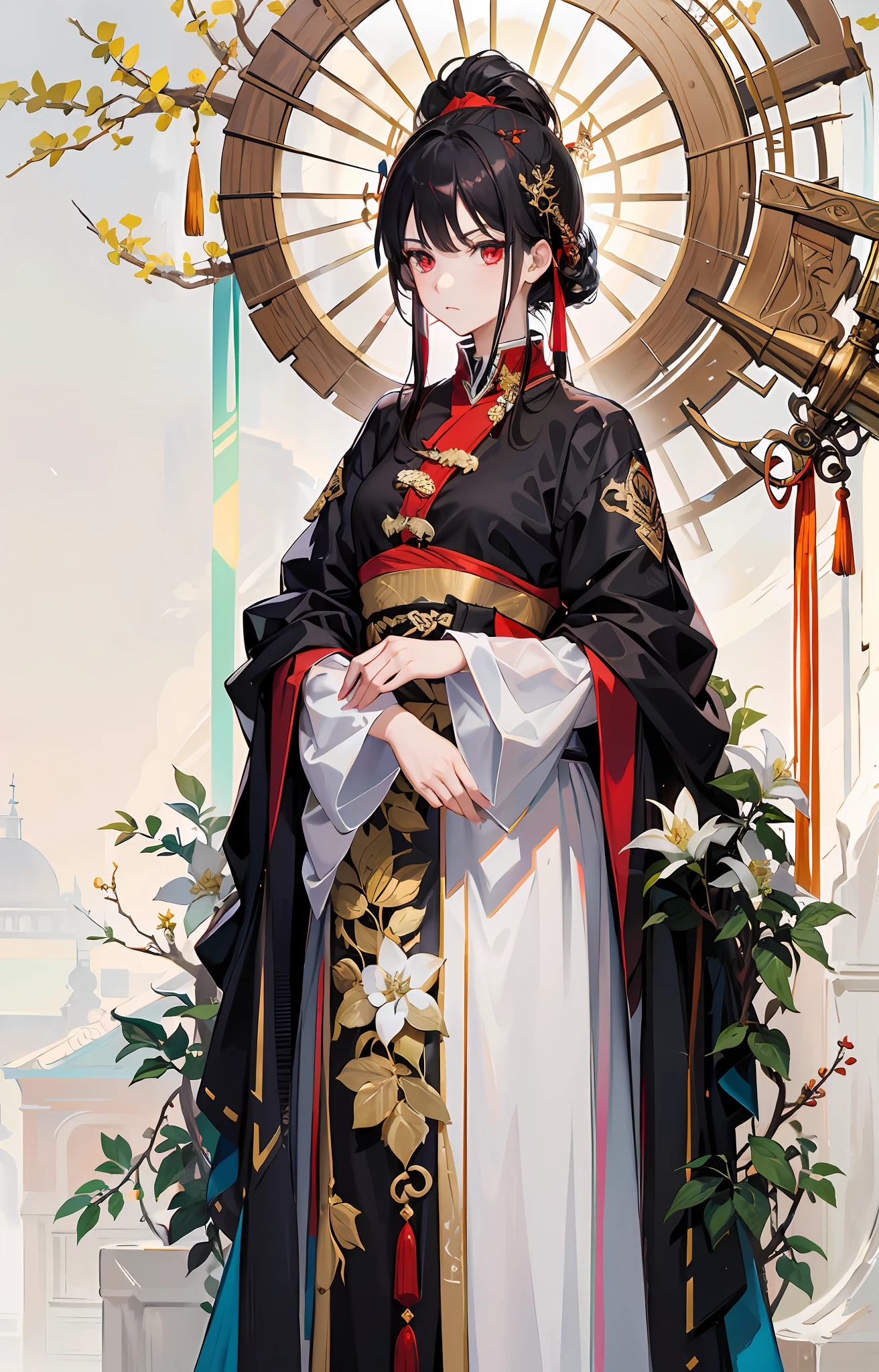 red color eyes，serious-expression