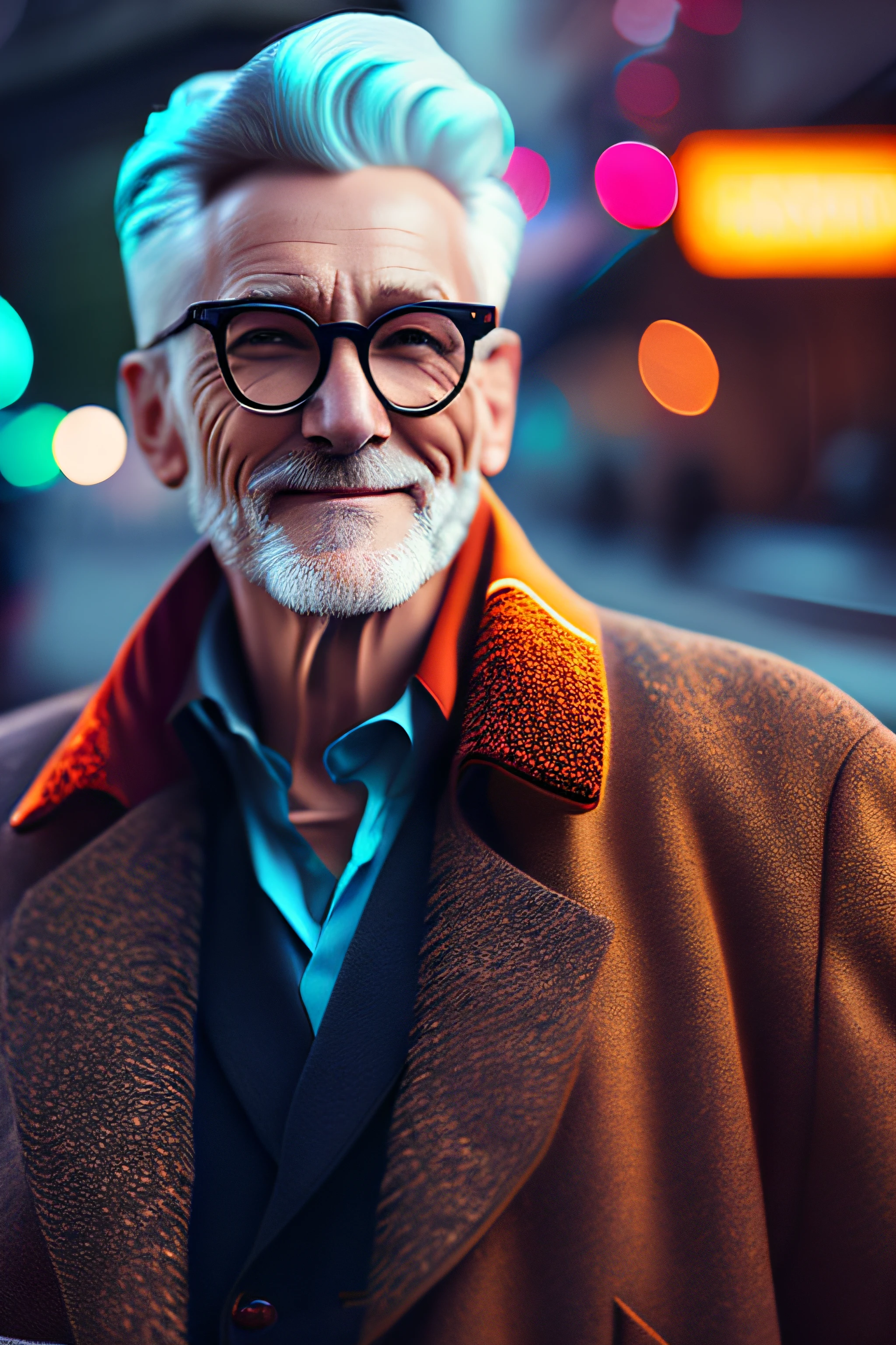 (fashionista portrait old european man, 1950s with intricate colorful modern bright colored glasses), c0lorful cute hair, smiling expression, (extremely detailed digital photography: 1.2), standing in the middle of the city, ((((full body)))), raw image,, Hasselblad, 50asa, f8, 12mm, glow effects, godrays, hand drawn, render, 8k, octane render, cinema 4d, blender, dark, atmospheric 4k ultra detailed, cinematic sensual, sharp focus, humorous illustration, great depth of field, masterpiece, colors, 3d octane rendering, 4k, concept art, trend in artstation, hyperrealistic, vivid colors, rim light, extremely detailed CG 8k wallpaper unit, trend in ArtStation, trend in CGSociety, Pop Art style by Erik Madigan Heck, Intricate, High Detail, dramatic, pure energy, Light particles, Sci-Fi