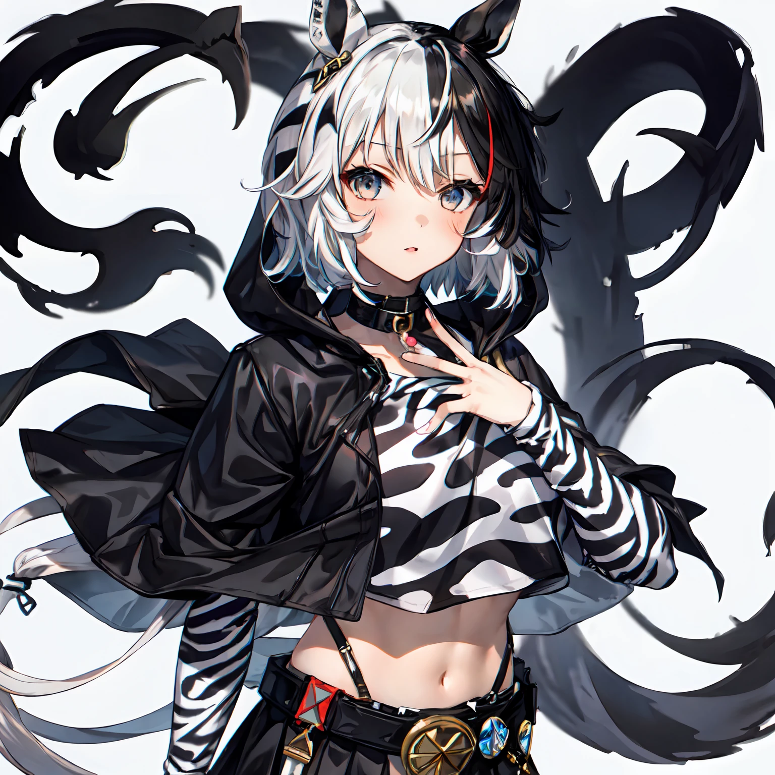 1girl,Solo,Umamusume,Zebra_print,White_eyes,multicolored_hair,messy_hair,(White_hair),Black_hair,Short_hair,Zebra_cloak,Black_Shirt,Belt,Neck_bell,Black_Skirt