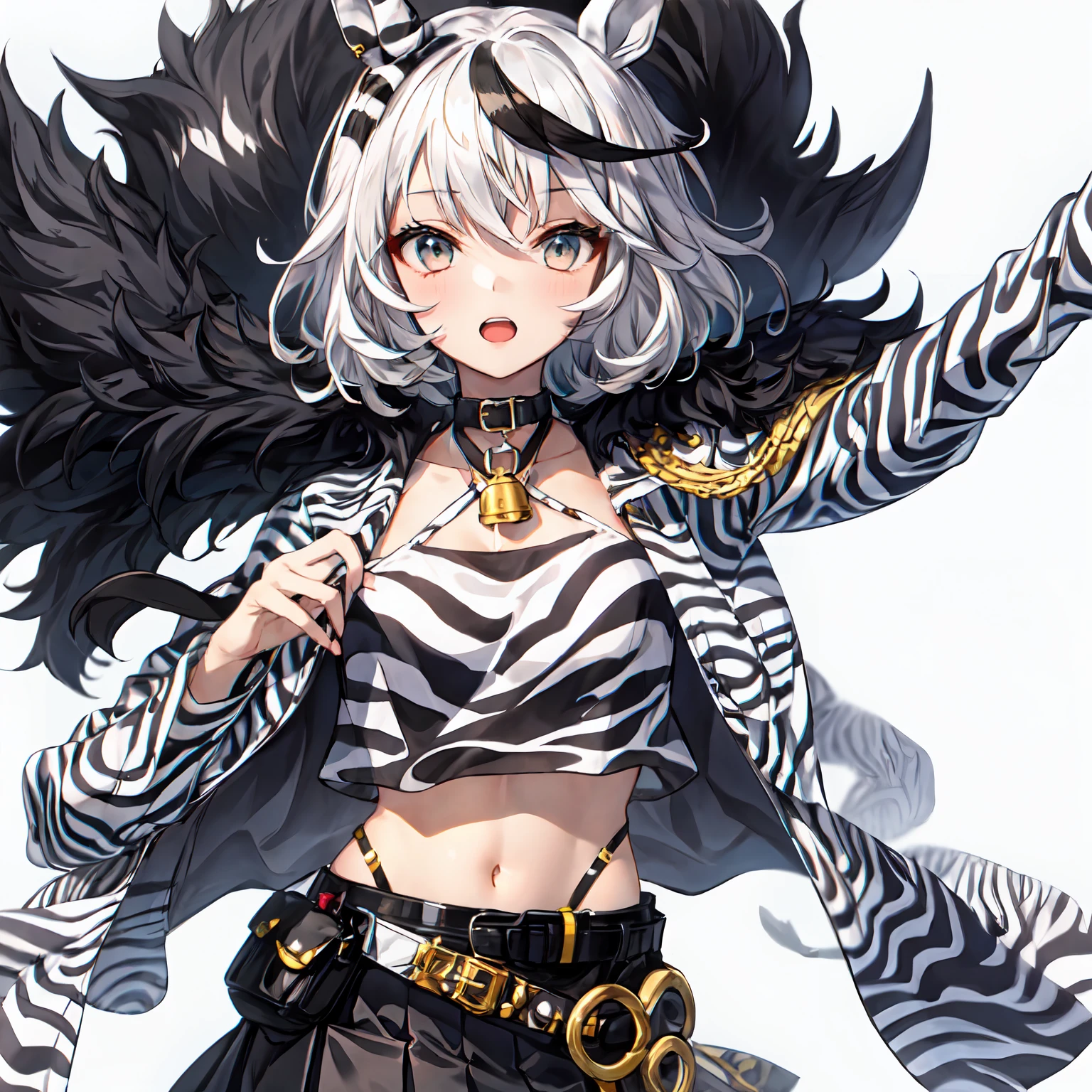 1girl,Solo,Umamusume,Zebra_print,White_eyes,multicolored_hair,messy_hair,(White_hair),Black_hair,Short_hair,Zebra_cloak,Black_Shirt,Belt,Neck_bell,Black_Skirt