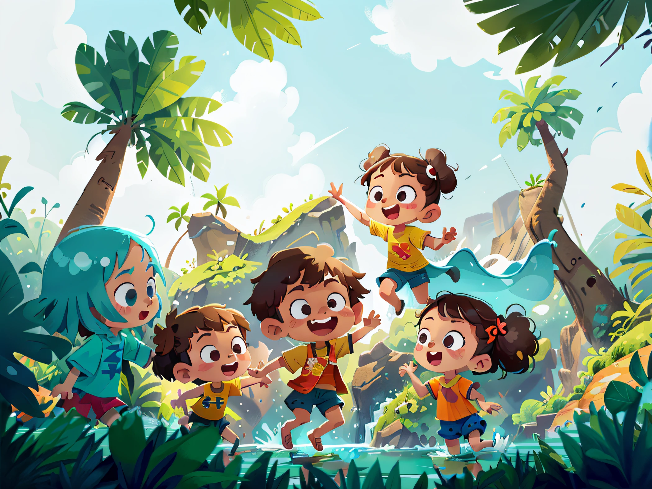 Poster design, (SFW), group children jump into waterfall beachwear, fine facial features, summer, happy, water fight, background is interspersed in waterfall, plants, perfect quality, clear focus, colorful, perfect face, intricate details, ultra low viewing angle, wide angle lens, childrens illustration, children illustration, cute artwork, kids book illustration, inspired by Anton Fadeev, illutstration, artistic illustration, promotional art, having good time, summertim