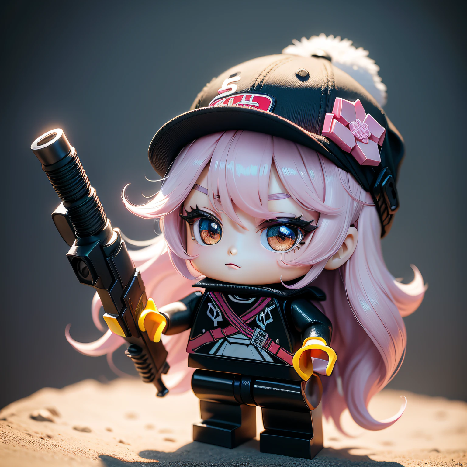 a beauty girl、accuracy、Lego、Chibi、Colorful hair、Wearing a hat、Holding a gun