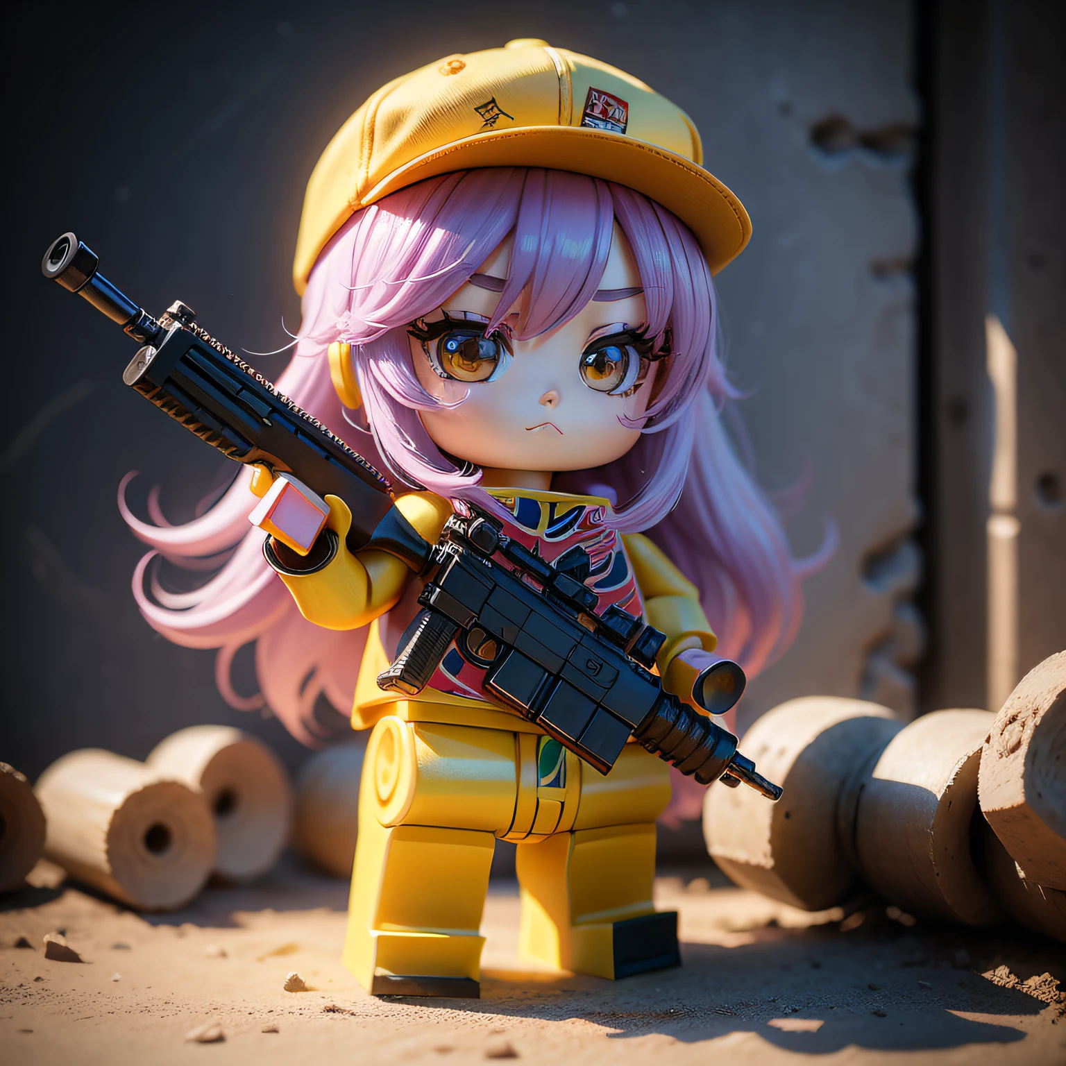 a beauty girl、accuracy、Lego、Chibi、Colorful hair、Wearing a hat、Holding a gun