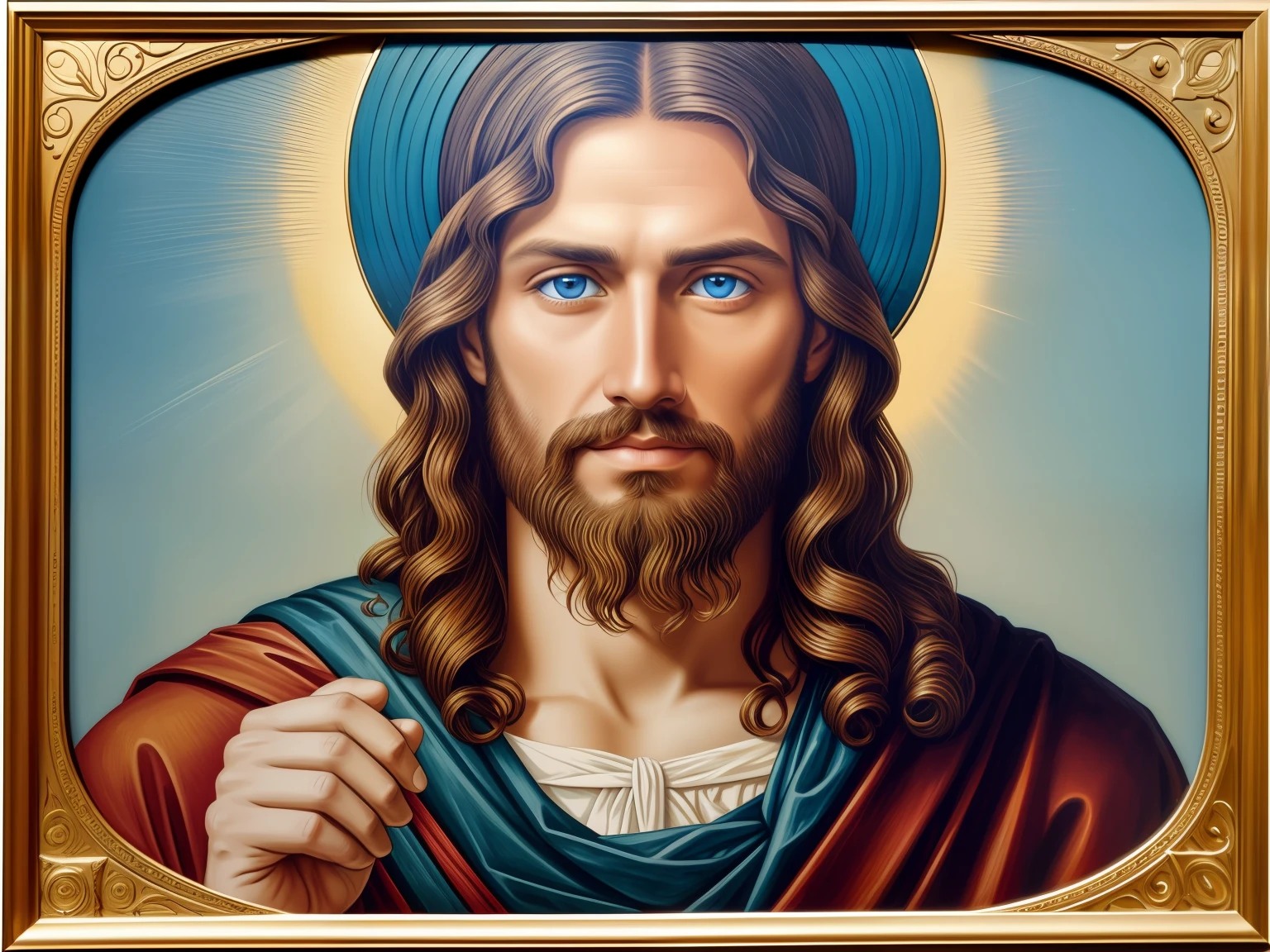 Portrait of a handsome man, Jesus Christ, real blue eyes, sunny day, intricate details.