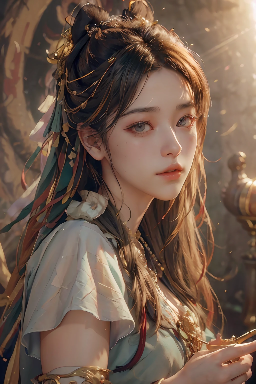 (RAW photo, best quality), (realistic, photo-realistic:1.3),best quality,highly detailed,masterpiece,ultra-detailed,illustration,1girl,upper_body,dynamic angle,world masterpiece theater,messy_long_hair,best quality,extremely detailed CG unity 8k wallpaper,ink,Amazing,cinematic lighting,lens_flare, dunhuang_style