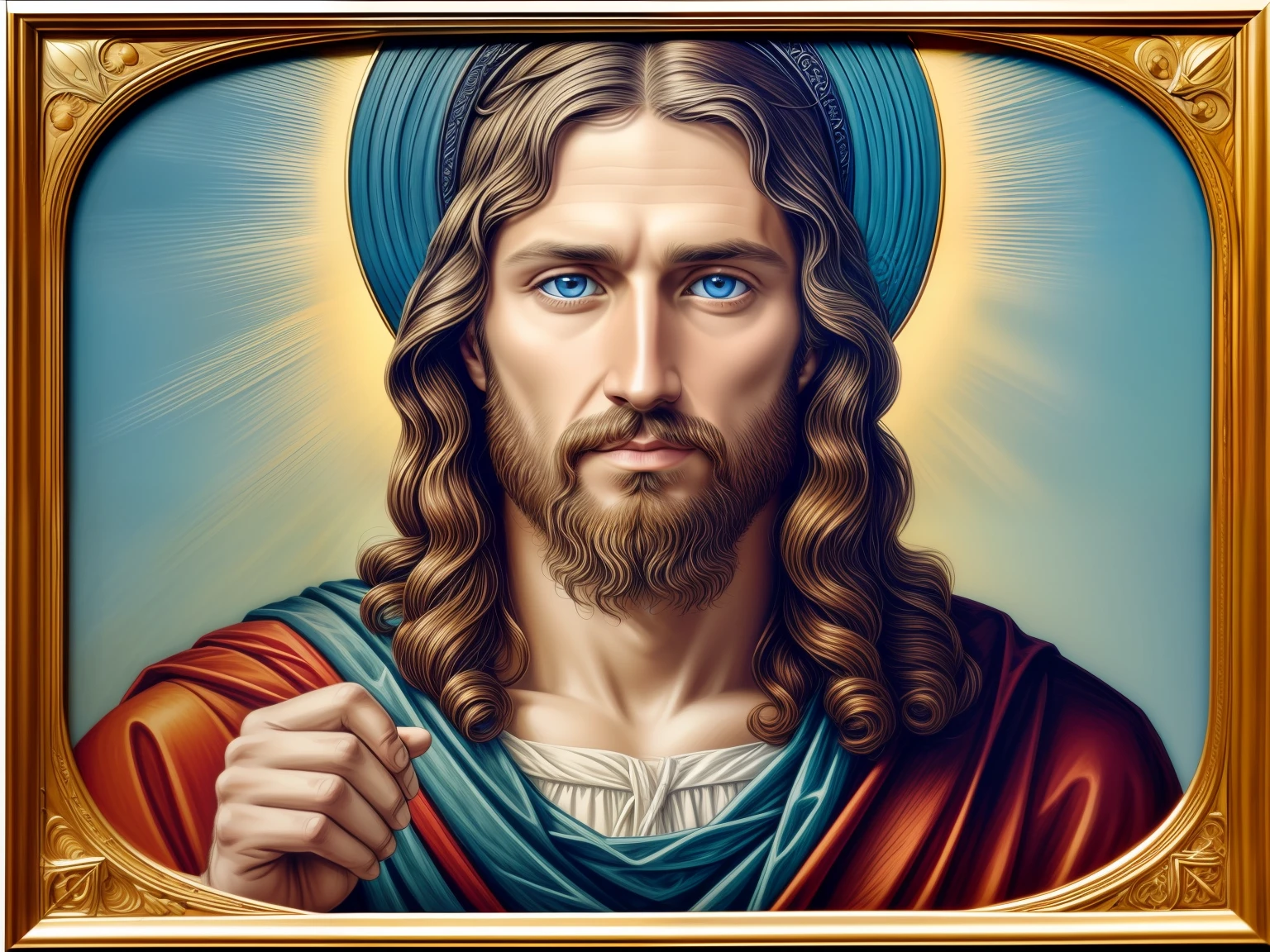 Portrait of a handsome man, Jesus Christ, real blue eyes, sunny day, intricate details.
