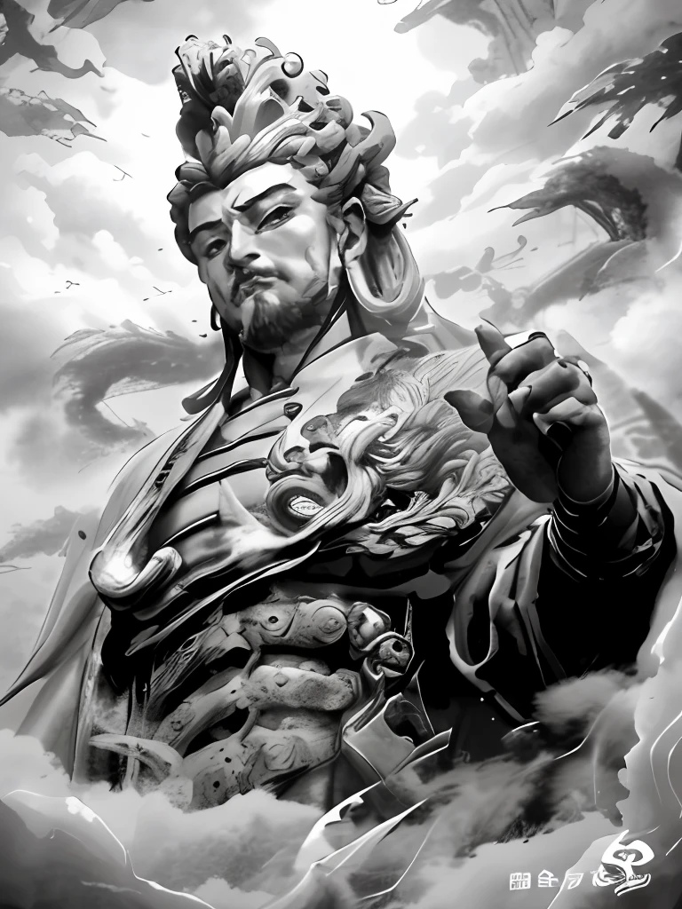 A black and white photo，Above is a statue of a man with a dragon on his shoulder, Inspired by Hu Zaobin, inspired by Xuande Emperor, by Yang J, by Xuande Emperor, author：Zhang Lu, By Shen Quan, Yang Qi, author：Cheng Zhengkui, author：Zhang Wo, Inspired by Huang Shen, author：Zhang Zeduan