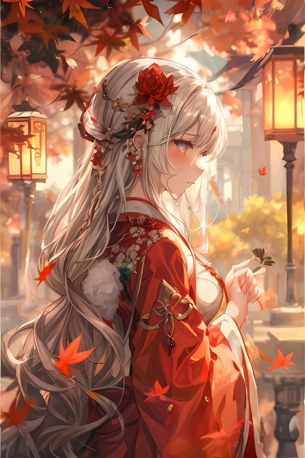 a woman in a red dress holding a flower in her hand, palace , a girl in hanfu, ((a beautiful fantasy empress)), autumnal empress, beautiful anime portrait, by Yang J, white haired deity, beautiful anime style, guweiz, beautiful anime girl, anime girl with long hair, flowing hair and long robes, beautiful anime woman, 🍁 cute