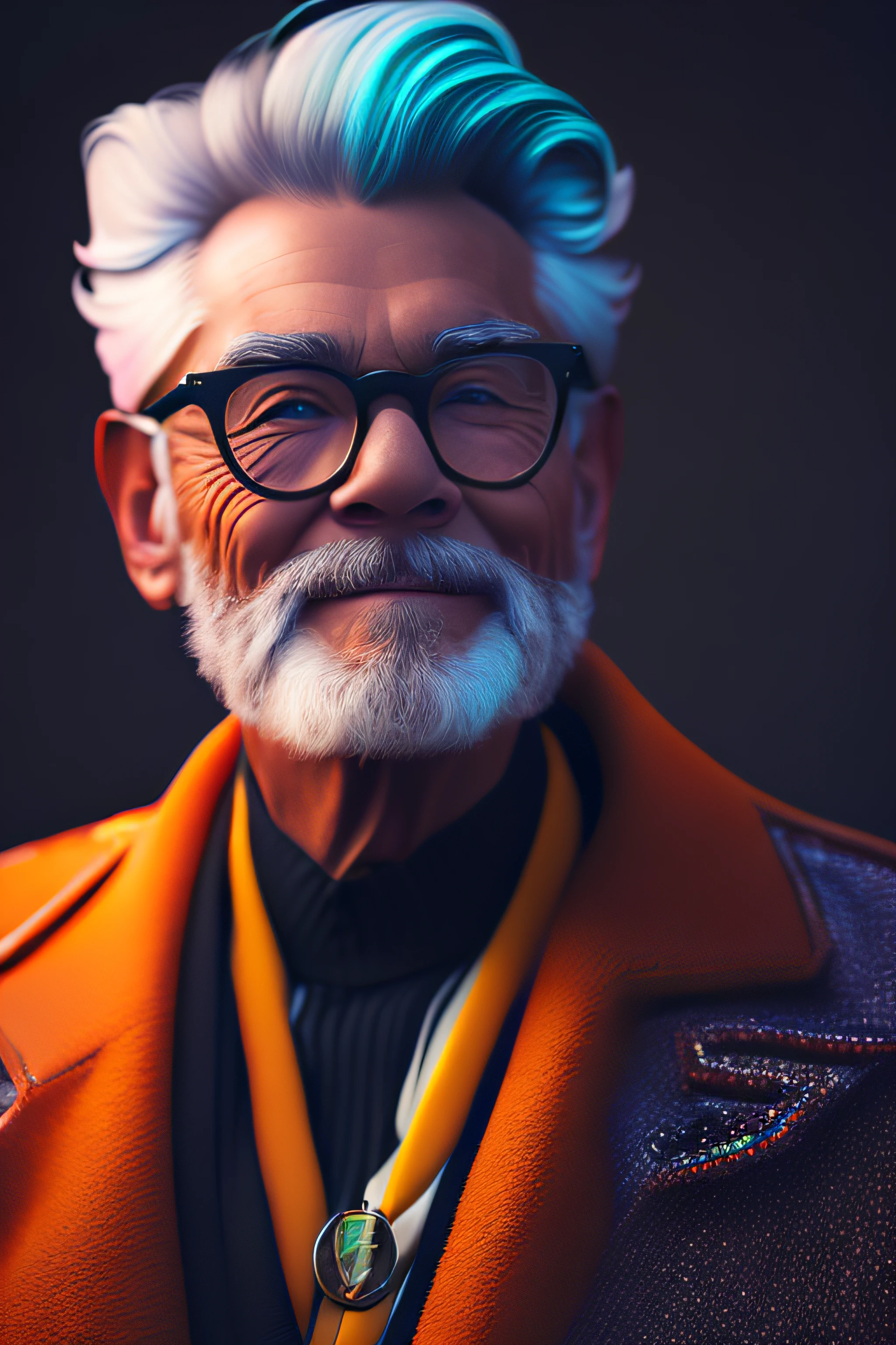 (fashionista portrait old american man, 1950s with intricate colorful modern bright colored glasses), c0lorful cute hair, smiling expression, (extremely detailed digital photography: 1.2), standing in the middle of the city, ((((full body)))), raw image,, Hasselblad, 50asa, f8, 12mm, glow effects, godrays, hand drawn, render, 8k, octane render, 4d cinema, blender, dark, atmospheric 4k ultra detailed, sensual cinematic, sharp focus, humorous illustration, great depth of field, masterpiece, colors, 3d octane rendering, 4k, concept art, trend in artstation, hyperrealistic, vivid colors, rim light, extremely detailed CG 8k wallpaper unit, trend in ArtStation, trend in CGSociety, Pop Art style by Yayoi Kusama, Intricate, High Detail, dramatic
, pure energy, light particles, sci-fi