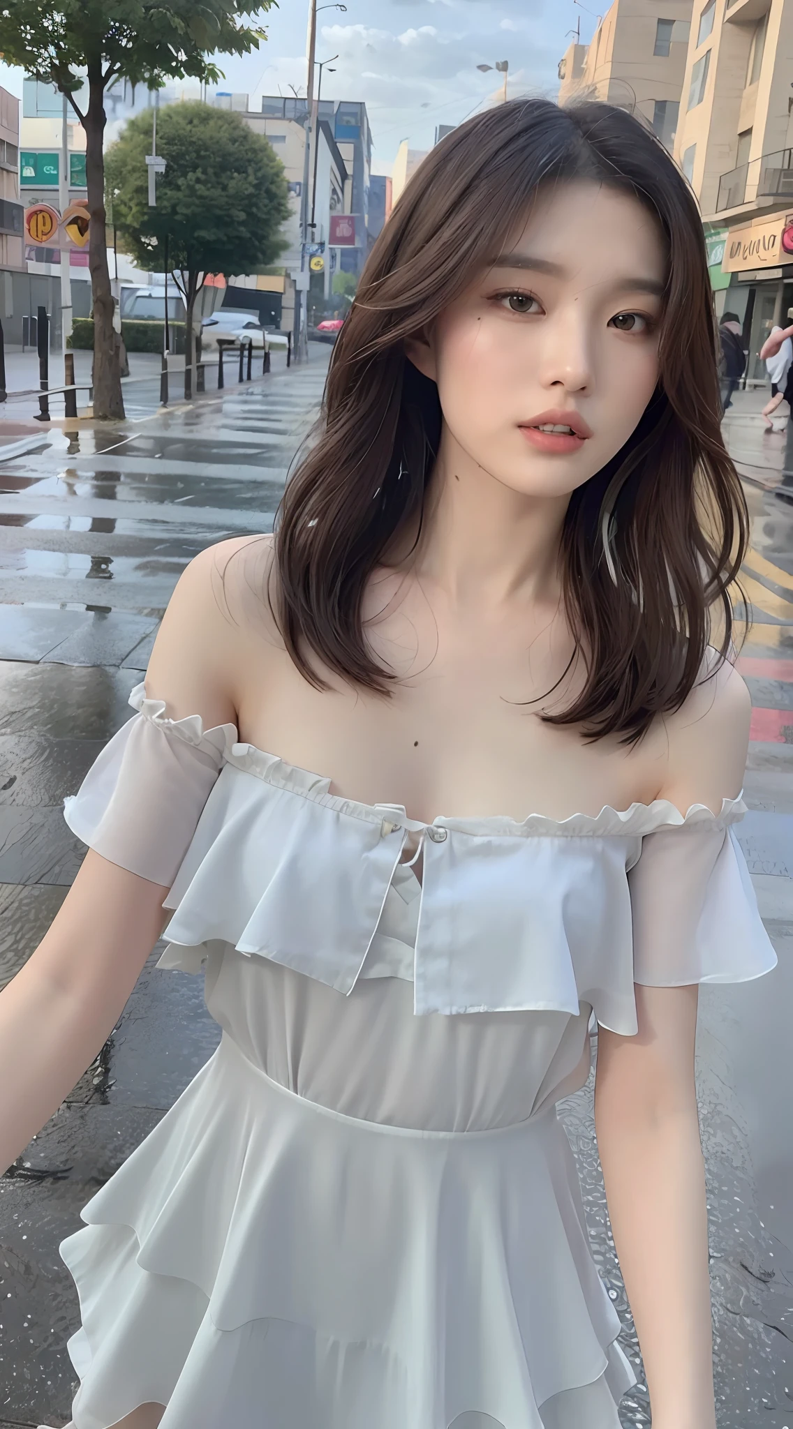 ((Best Quality, 8k, Masterpiece: 1.3)), Focus: 1.2, Perfect Body Beauty: 1.4, Buttocks: 1.2, ((Layered Haircut, Flat Chest: 1.2)), (Rain, Street:1.3), Bandeau Dress: 1.1, Highly Detailed Face and Skin Texture, Fine Eyes, Double Eyelids, Whitened Skin, Long Hair, (Shut Up: 1.3), Full Body