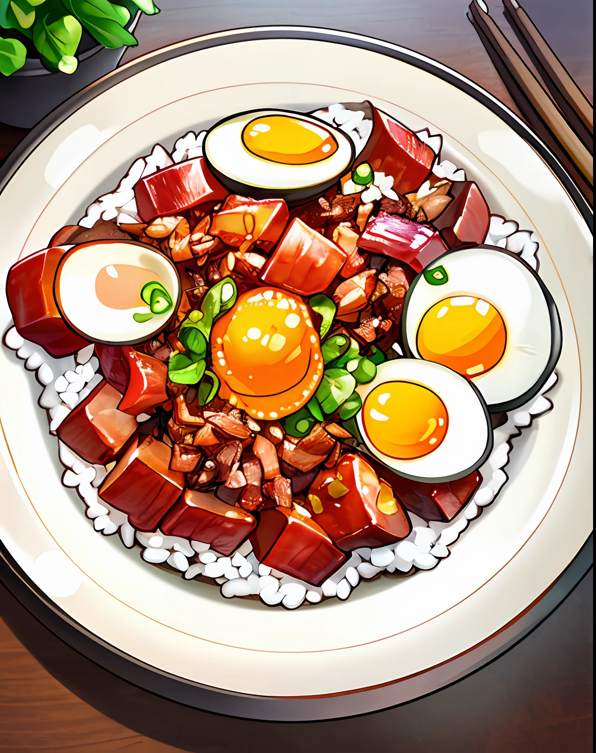 a bowl of braised pork rice, egg, vegetable, ((masterpiece)),illustration,high detail, soft lighting, delicious, colorful, aesthetically pleasing, studio lighting, trending