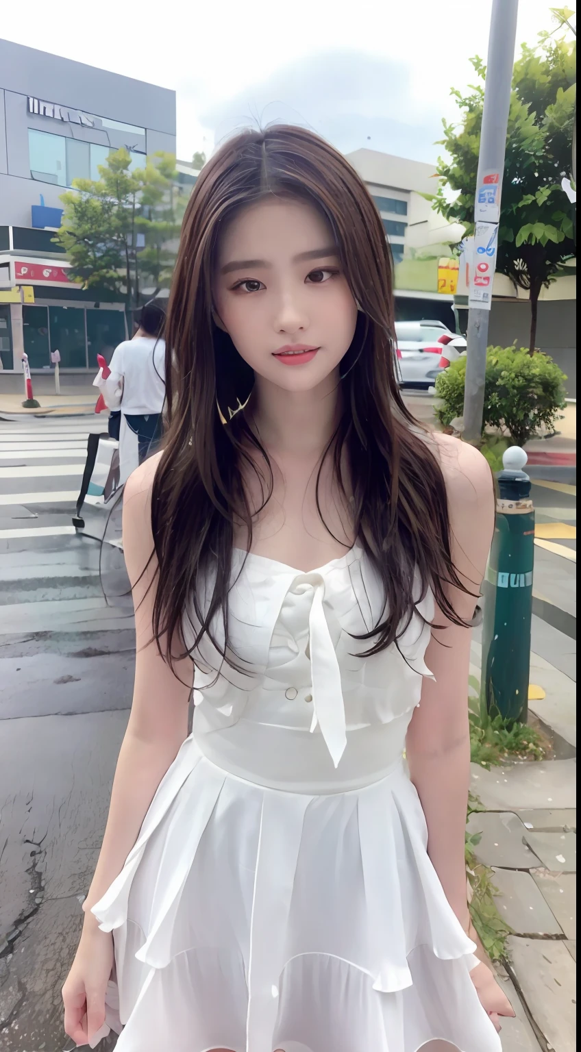 ((Best Quality, 8k, Masterpiece: 1.3)), Focus: 1.2, Perfect Body Beauty: 1.4, Buttocks: 1.2, ((Layered Haircut, Flat Chest: 1.2)), (Rain, Street:1.3), Bandeau Dress: 1.1, Highly Detailed Face and Skin Texture, Fine Eyes, Double Eyelids, Whitened Skin, Long Hair, (Shut Up: 1.3), Full Body