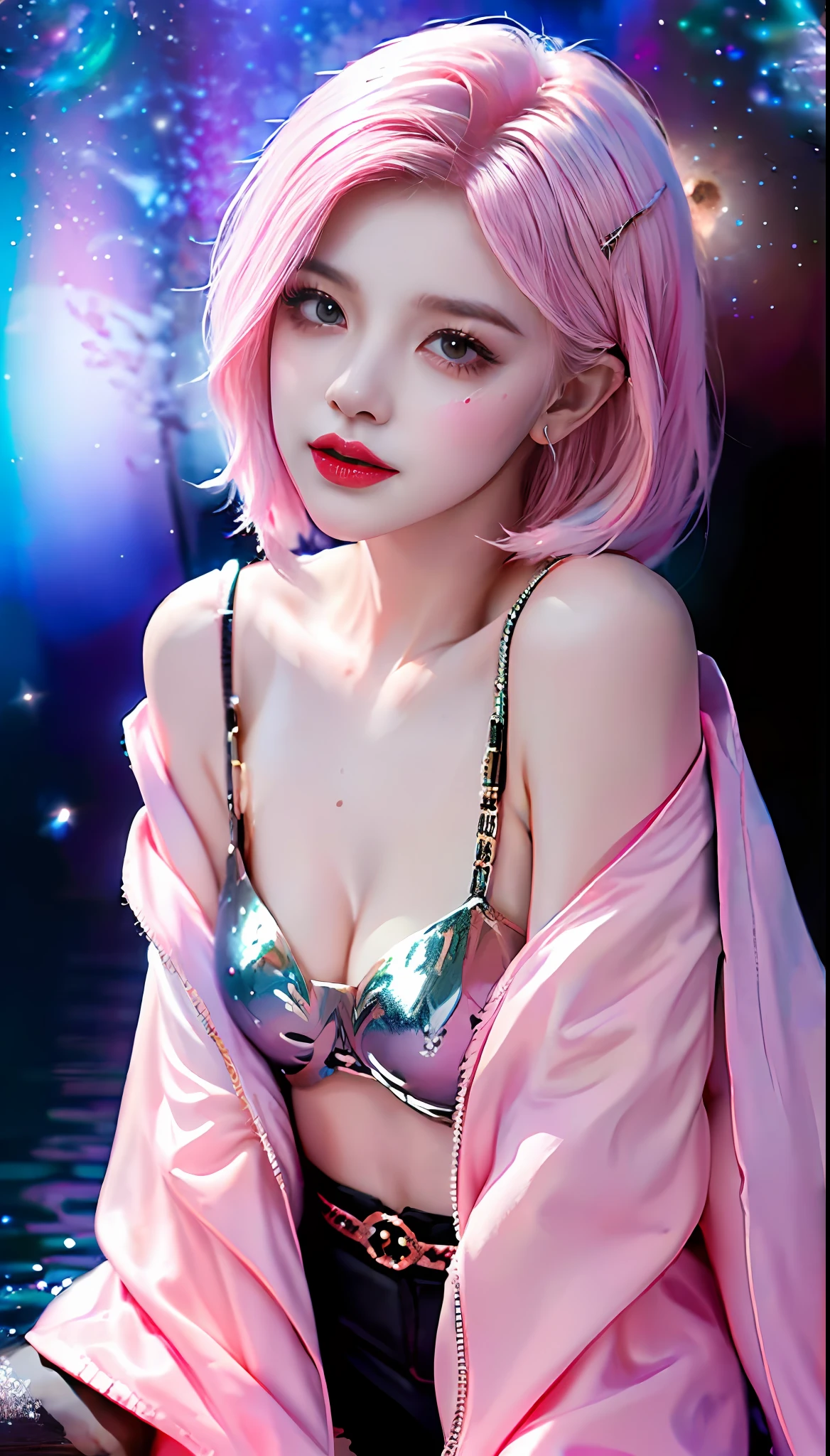 ((hyper super ultra detailed perfect piece)),illustration,masterpiece,(extremely detailed CG 8k),(real picture, intricate details, photograph, photorealistic),(((detailed pop magic universe background))),((shine colorful gradation skin clothes)),(((pink hair))),((best quality)),(black half tights),(black micro shorts),(upskirt),(((Solo))),sit down,((bobbed long hair)),((wearing witch cute robe)),(((beautiful atelier))),(detailed anatomy),((pink eye)),(gradation pupils),flat chest,((magic metamorphosis body)),((magic gradation water)),(metamorphosis gradation body skin)