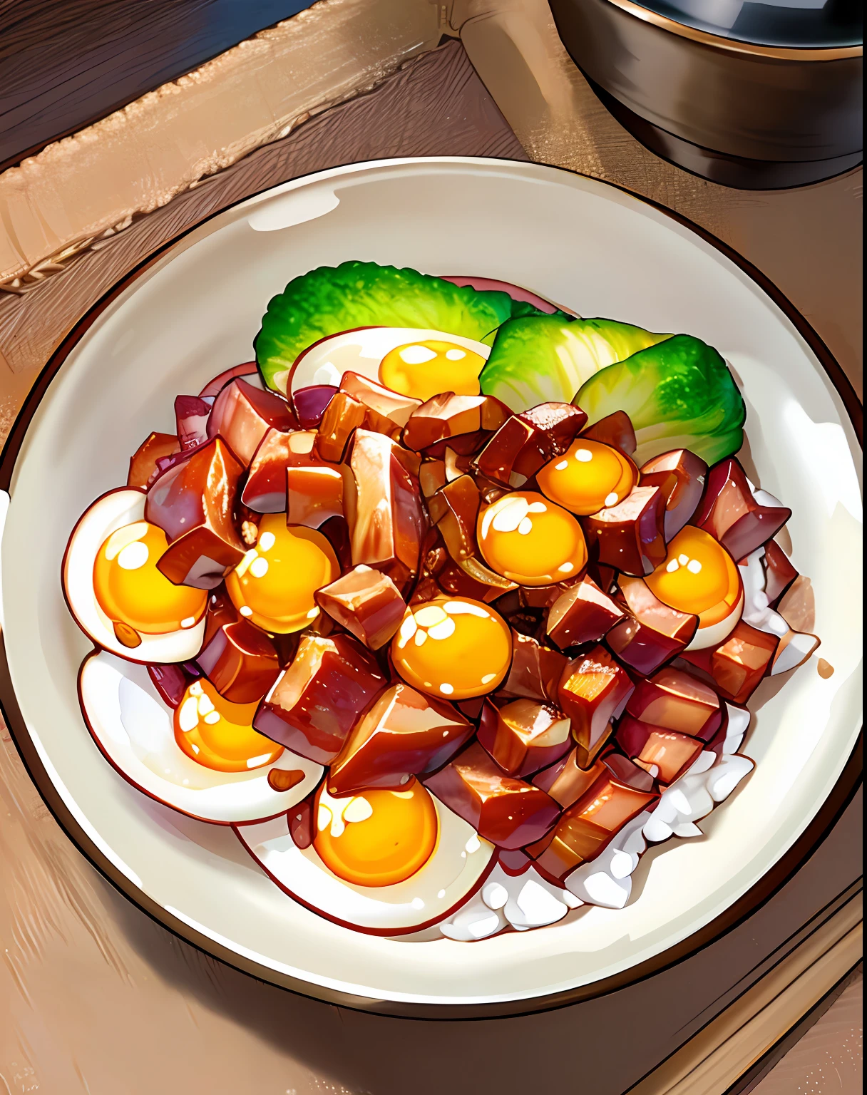 a bowl of braised pork rice, egg, vegetable, ((masterpiece)),illustration,high detail, soft lighting, delicious, colorful, aesthetically pleasing, studio lighting, trending