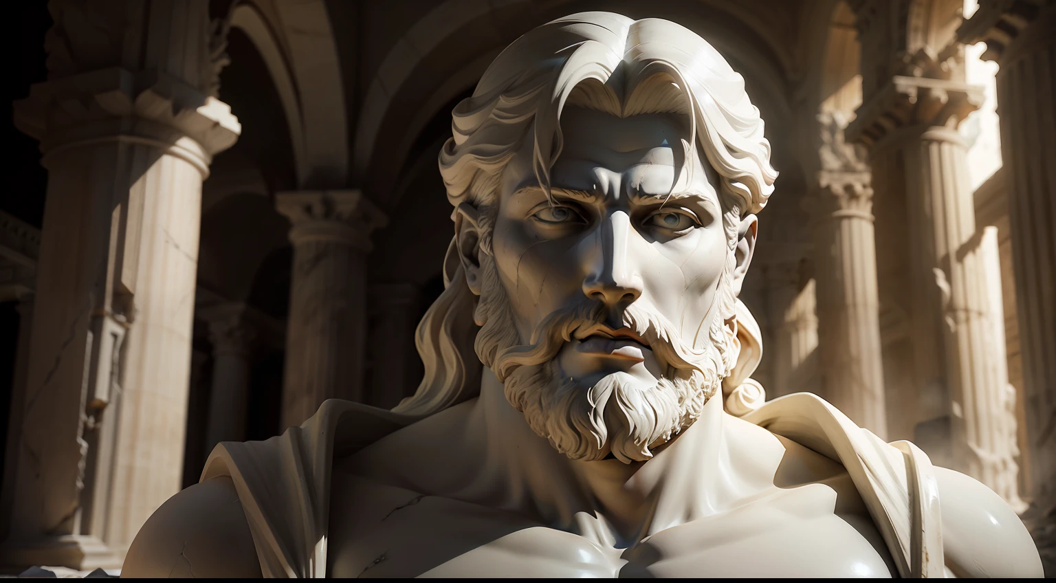 marble sculpture of the face of a Greek god ((barbudo)) in a destroyed place, cinematografia, Epic light and shadow, muito contraste, fotografia profissional