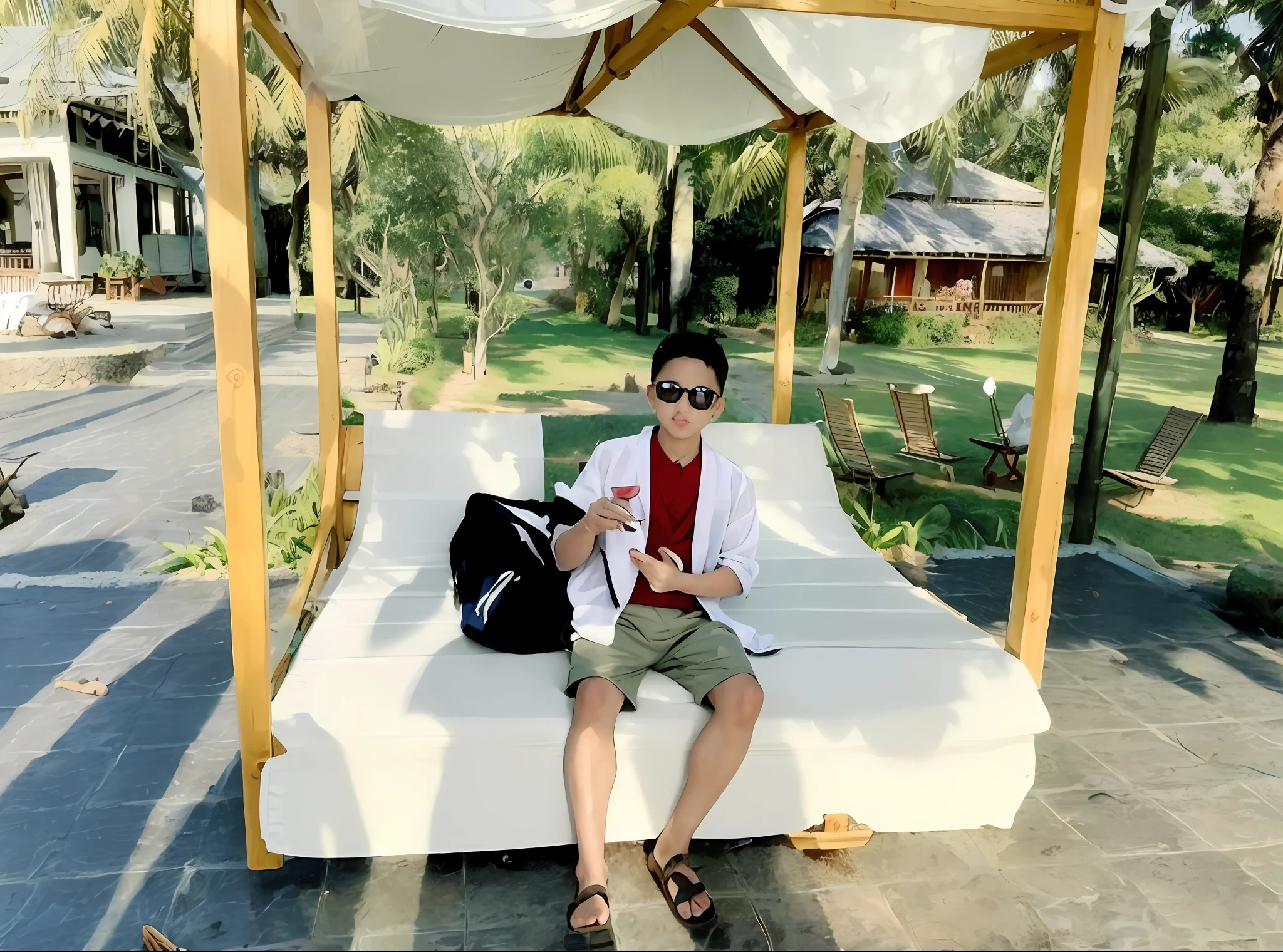 masterpiece, best quality, official art, 8k wallpaper, highly detailed, illustration, 1 boys, beach, detailed eyes, forrest, bare shoulders, hanfu,lakes, pure, smart smile,bamboo,Tea, sit in swing bed