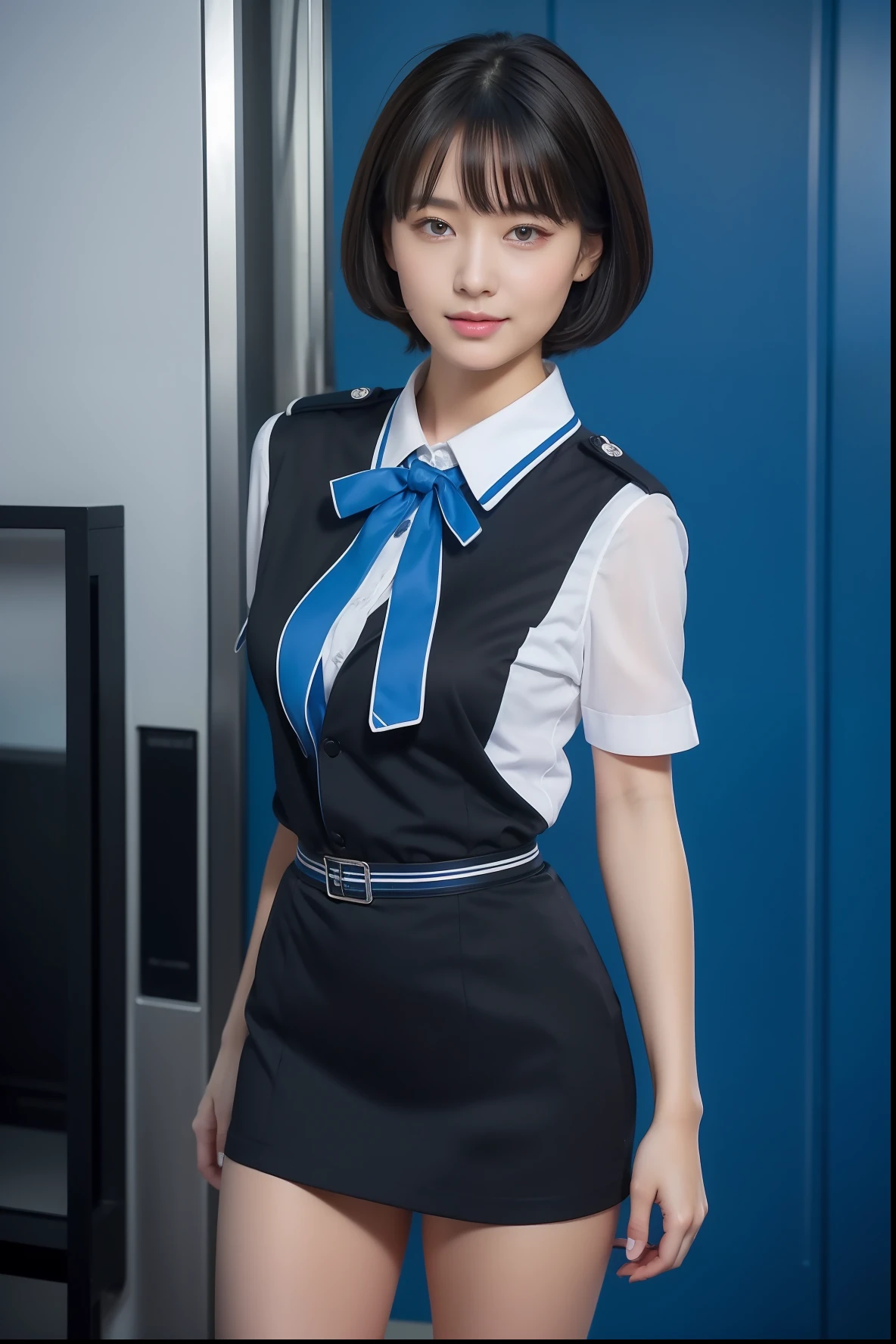((cabin attendant))、１a person、stewardess、Extraordinary Beauty、full bodyesbian、Planes、(((a miniskirt)))、((Sexy Costumes))、((Revealing uniforms))、Short-cut hairstyles 、Women in Japan、Photorealsitic、Beautiful detailed eyes、Hyper-Realism、highcontrast、Ultra HD、realistic skin textures、Top image quality、top-quality、超A high resolution、Fine details、Very meticulously