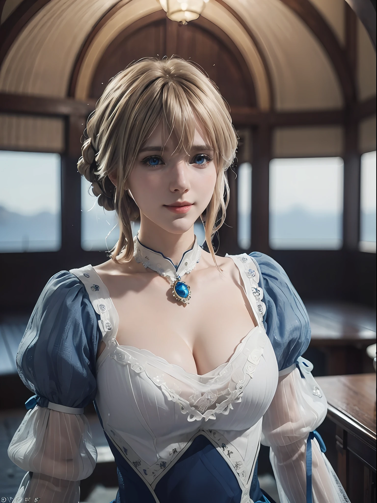violet_evergarden,  blue_eyes, blonde hair, beautifull smile, full body, breast focus, (realism:1.2), (masterpiece:1.2), (best quality), (ultra detailed), (8k, intricate), (85mm), light particles, lighting, (detailed eyes:1.2), (detailed face:1.2), (highly detailed:1.2), (gradients), colorful, daylight,