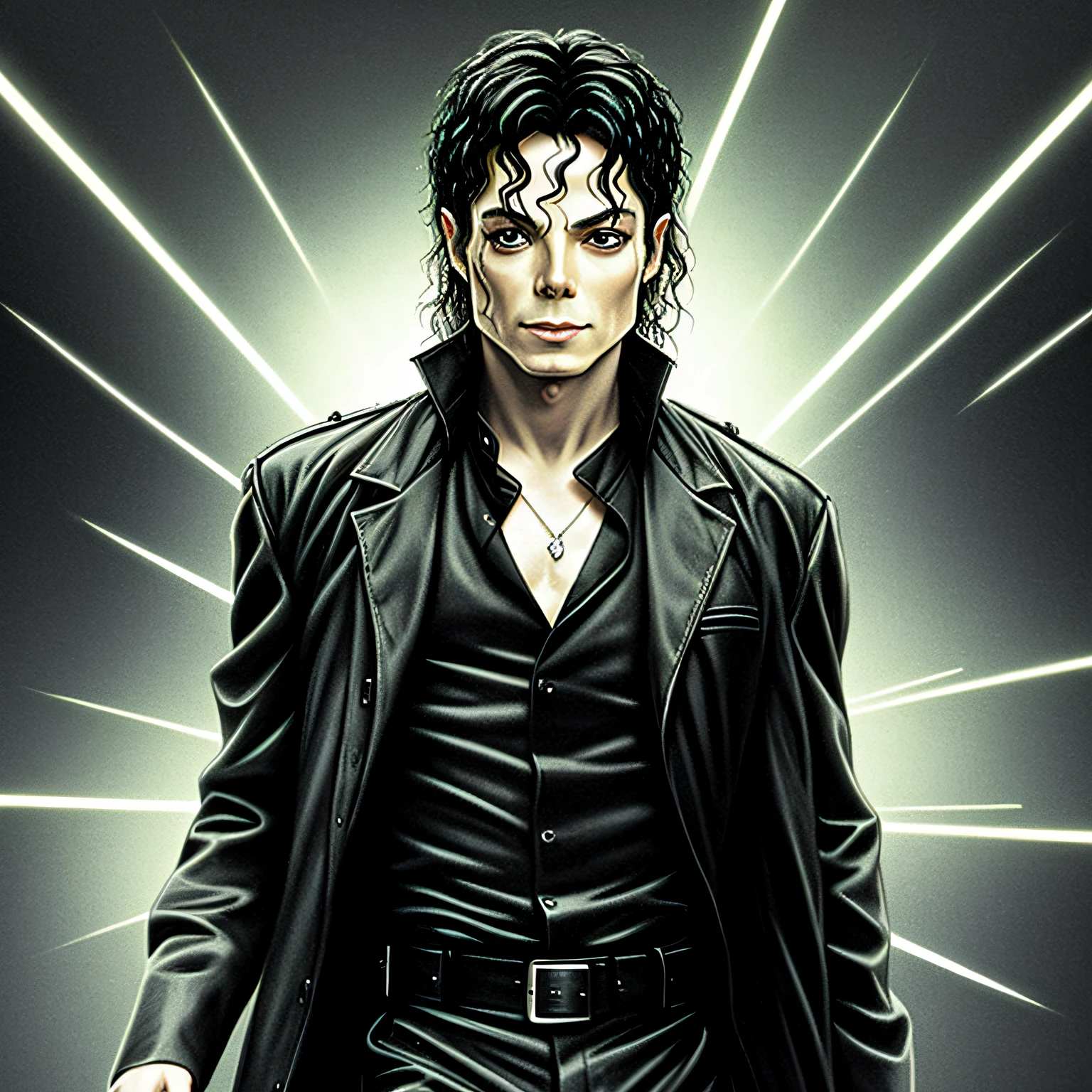 Photo of Michael Jackson in The Matrix 2009, detailed, centered, solid color background, photorealistic lighting, digital art