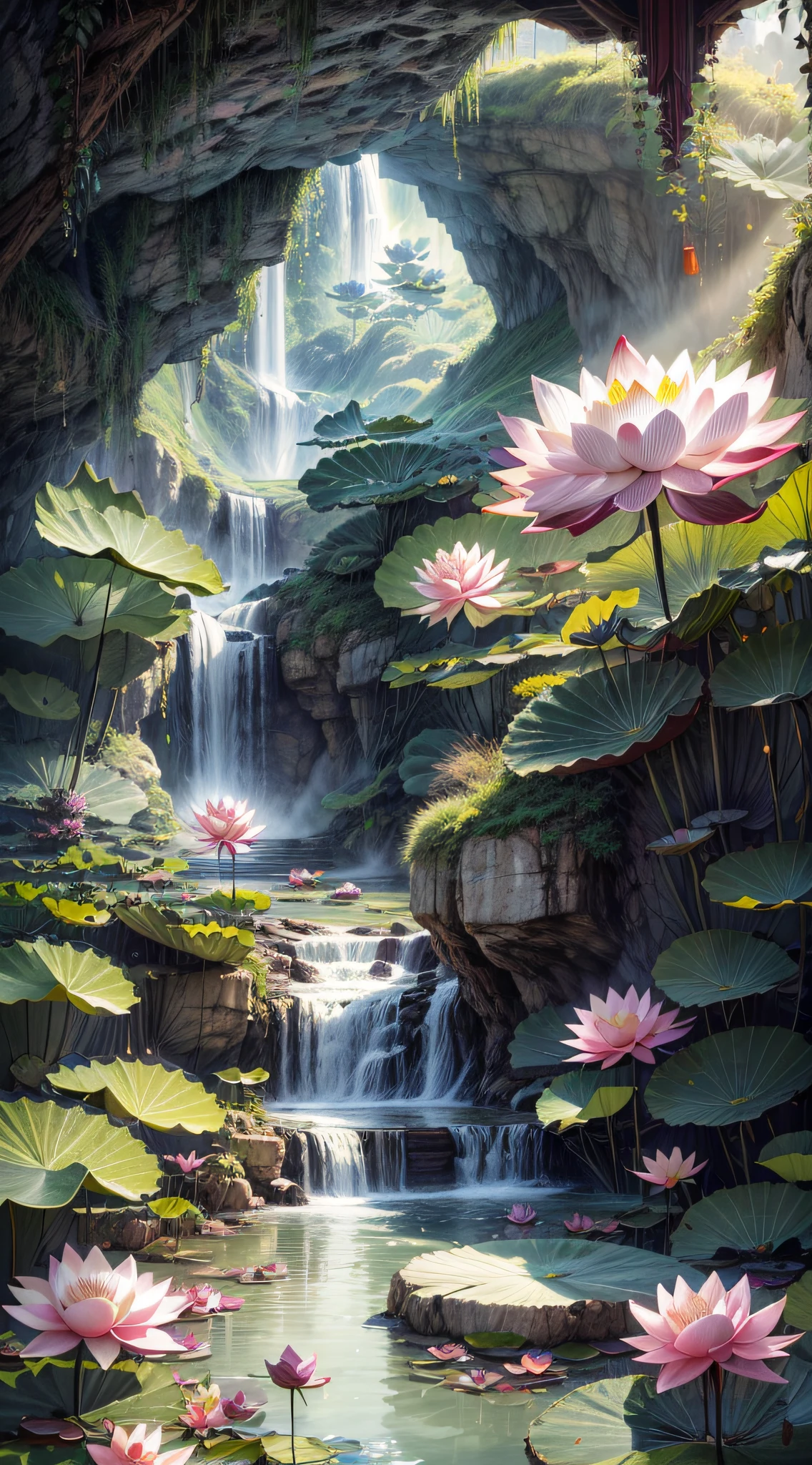 Chinese ancient times,summer, lake, (Lotus flower:1.5),(Exquisitely beautiful and polished:1.3)cave, waterfall, tree, meadow, rock, deer, hot spring, water vapor, (illustration: 1.0), epic composition, realistic lighting, HD details, masterpiece, best quality, (very detailed CG unified 8k wallpaper)