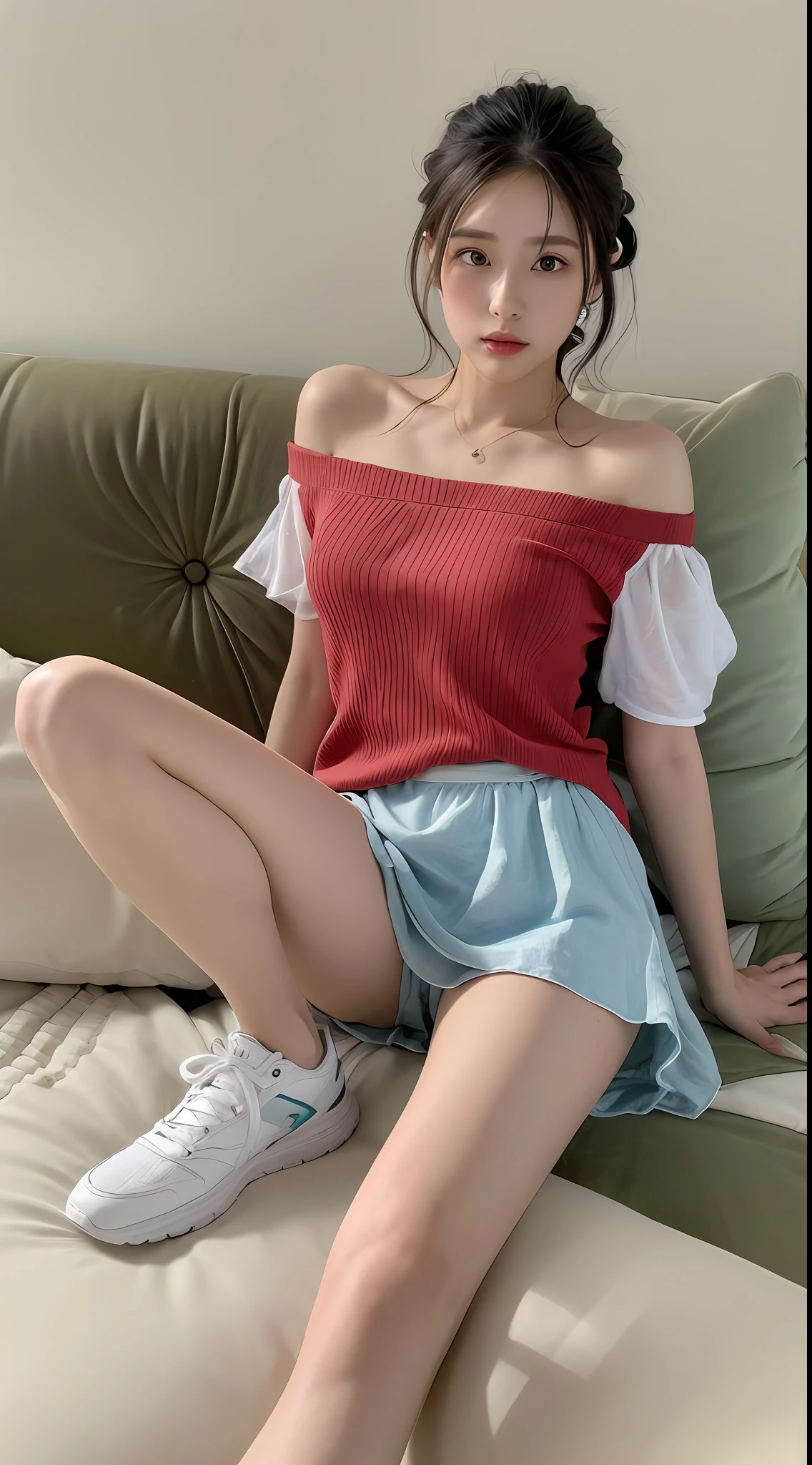 ((Best picture quality, 8K, tmasterpiece:1.3)), 1girll, Casual hairstyle, (Off-the-shoulder blouse pleated skirt:1.3),(wet see through clothes:1.4),Ultra-fine face, A detailed eye, 二重まぶた,(long leges:1.4),(athletic sneakers:1.3),Lie on your side on the sofa
